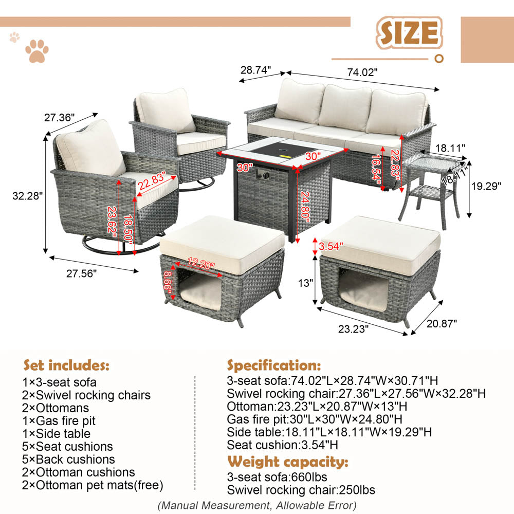 Ovios Patio Pet Conversation Set Grey Wicker 7 Pieces with 30'' Fire Pit and Swivel Rocking Chairs