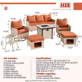 Ovios Patio Pet Conversation Set Beige Wicker 7 Pieces with 30'' Fire Pit and Swivel Rocking Chairs