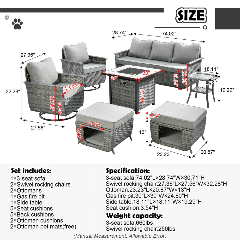 Ovios Patio Pet Conversation Set Grey Wicker 7 Pieces with 30'' Fire Pit and Swivel Rocking Chairs