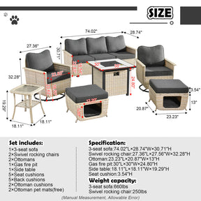 Ovios Patio Pet Conversation Set Beige Wicker 7 Pieces with 30'' Fire Pit and Swivel Rocking Chairs