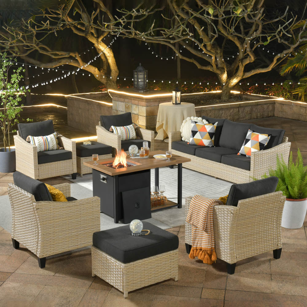 Ovios Athena Series Outdoor Patio Furniture Set 8-Piece with 46'' Double Layer Rectangle Fire Pit Table