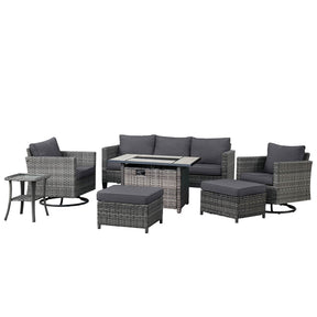 Ovios Patio Vultros 7-Piece Set With Swivel Chair and Rectangle 42'' Propane Fire Pit Table