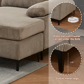 Ovios 100.02" Living Room Sofa Reversible Chaise Corduroy Fabric with Ottoman