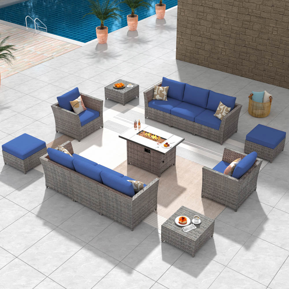 Ovios New Rimaru Series Patio Furniture Set 12-Piece with 42"Rectangle Fire Pit Table Minimal Assembly