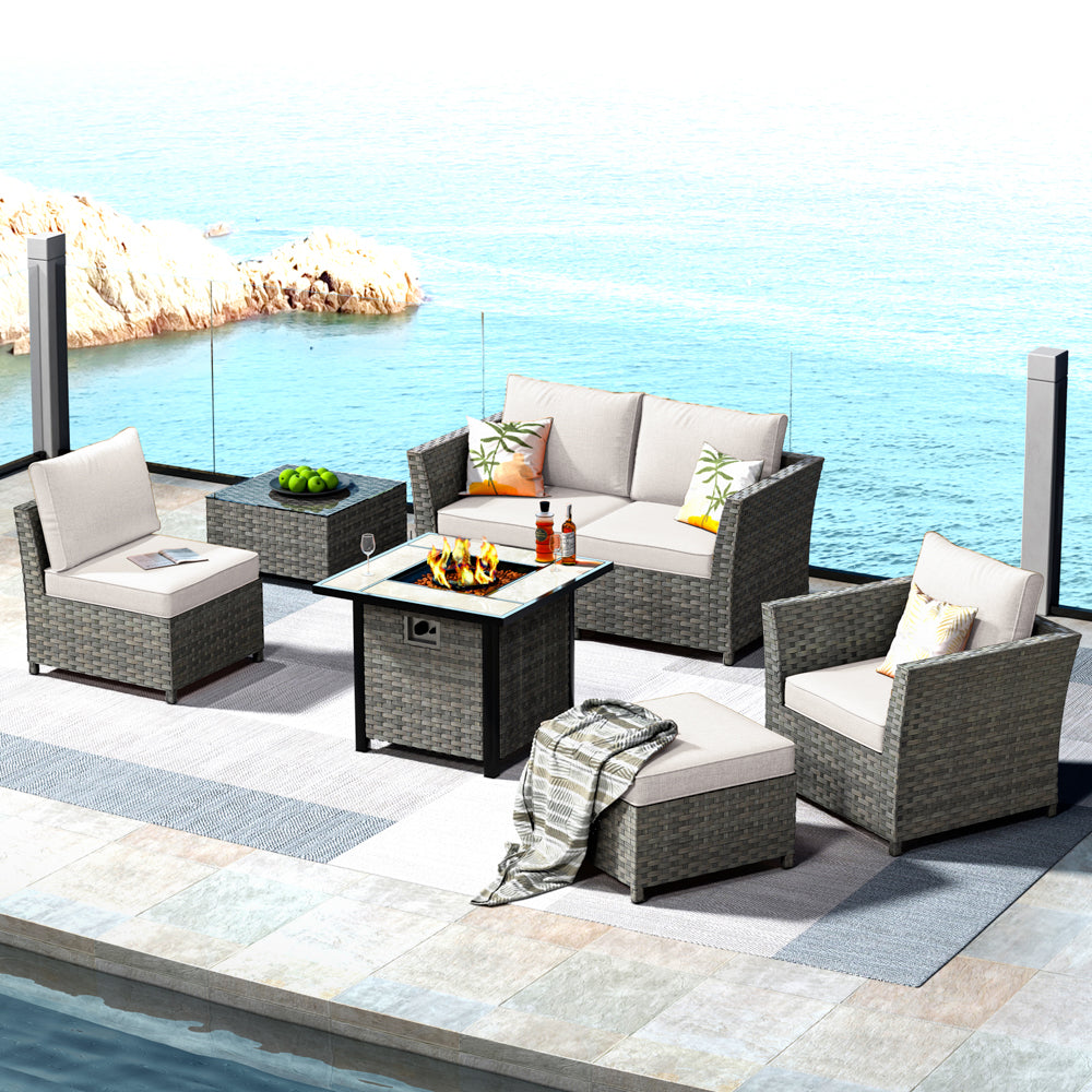 Ovios Patio Furniture Set New Rimaru 7-Piece Set include 30'' Square Fire Pit Table Partially Assembled