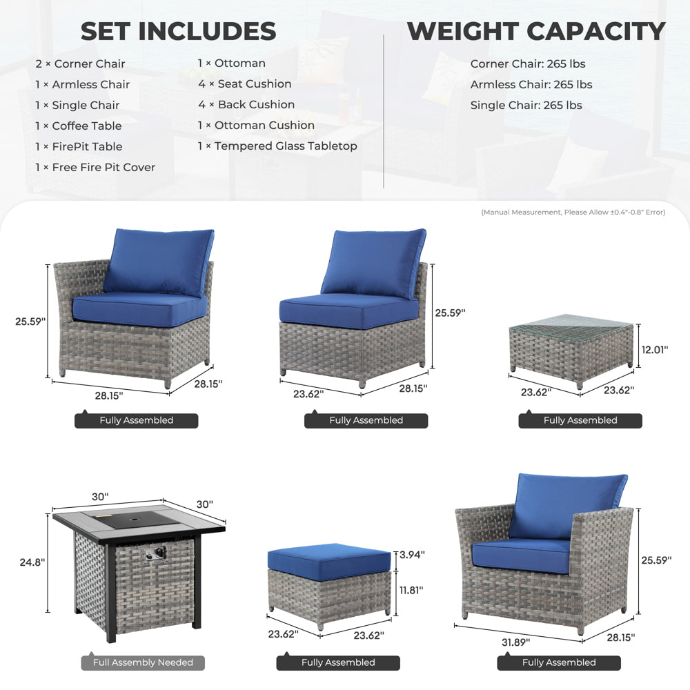 Ovios Patio Furniture Set New Rimaru 7-Piece Set include 30'' Square Fire Pit Table Partially Assembled