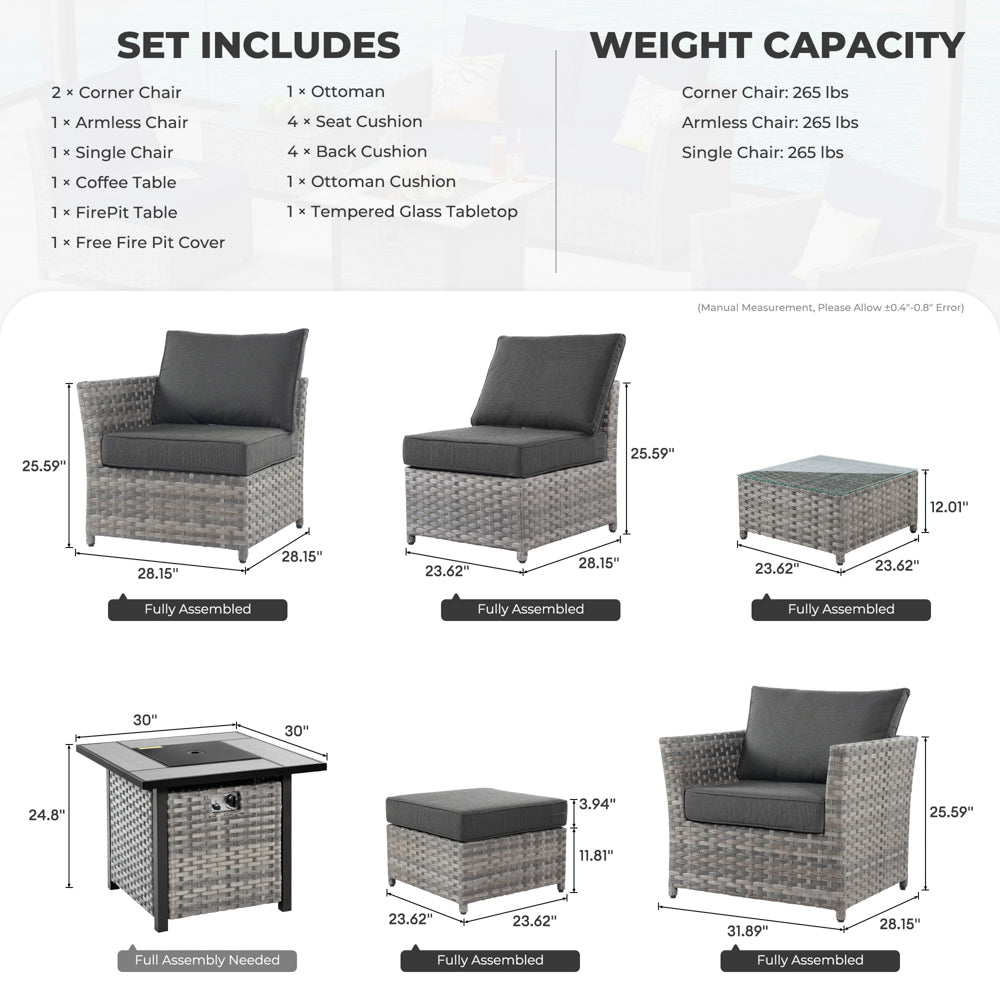 Ovios Patio Furniture Set New Rimaru 7-Piece Set include 30'' Square Fire Pit Table Partially Assembled