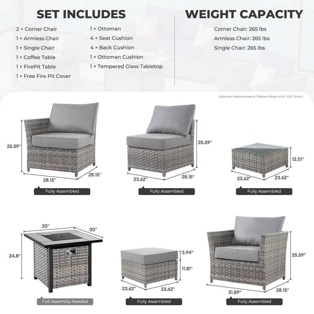 Ovios Patio Furniture Set New Rimaru 7-Piece Set include 30'' Square Fire Pit Table Partially Assembled