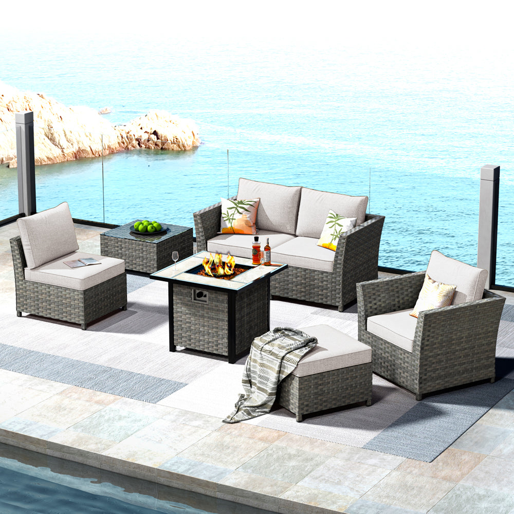 Ovios Patio Furniture Set New Rimaru 7-Piece Set include 30'' Square Fire Pit Table Partially Assembled