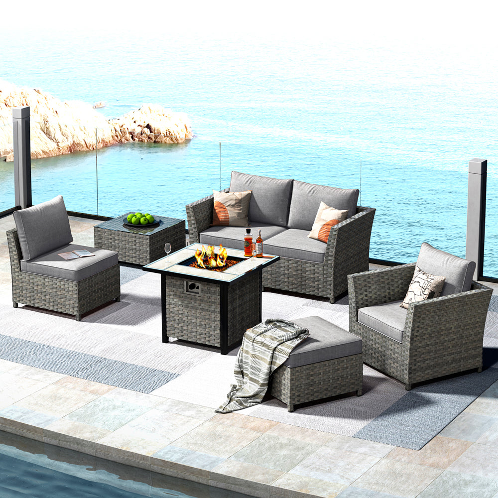 Ovios Patio Furniture Set New Rimaru 7-Piece Set include 30'' Square Fire Pit Table Partially Assembled