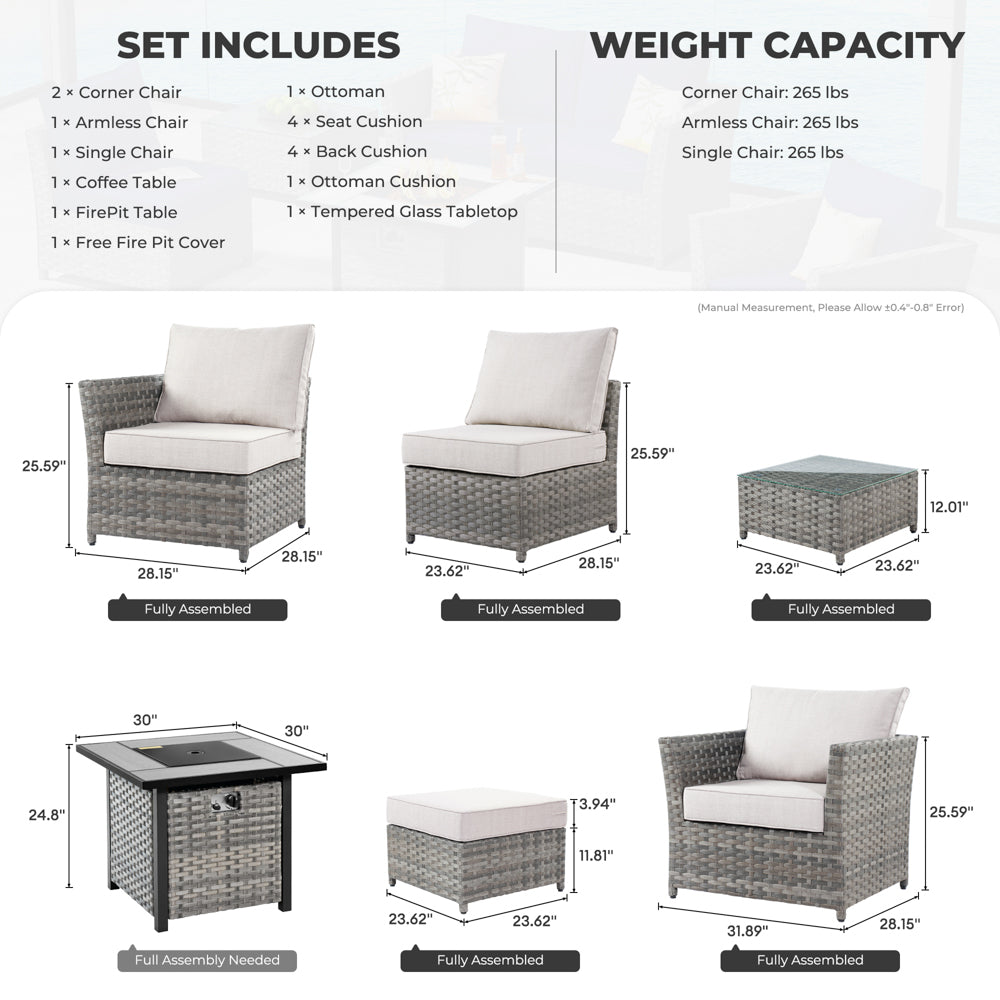 Ovios Patio Furniture Set New Rimaru 7-Piece Set include 30'' Square Fire Pit Table Partially Assembled