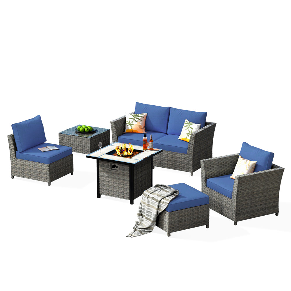 Ovios Patio Furniture Set New Rimaru 7-Piece Set include 30'' Square Fire Pit Table Partially Assembled