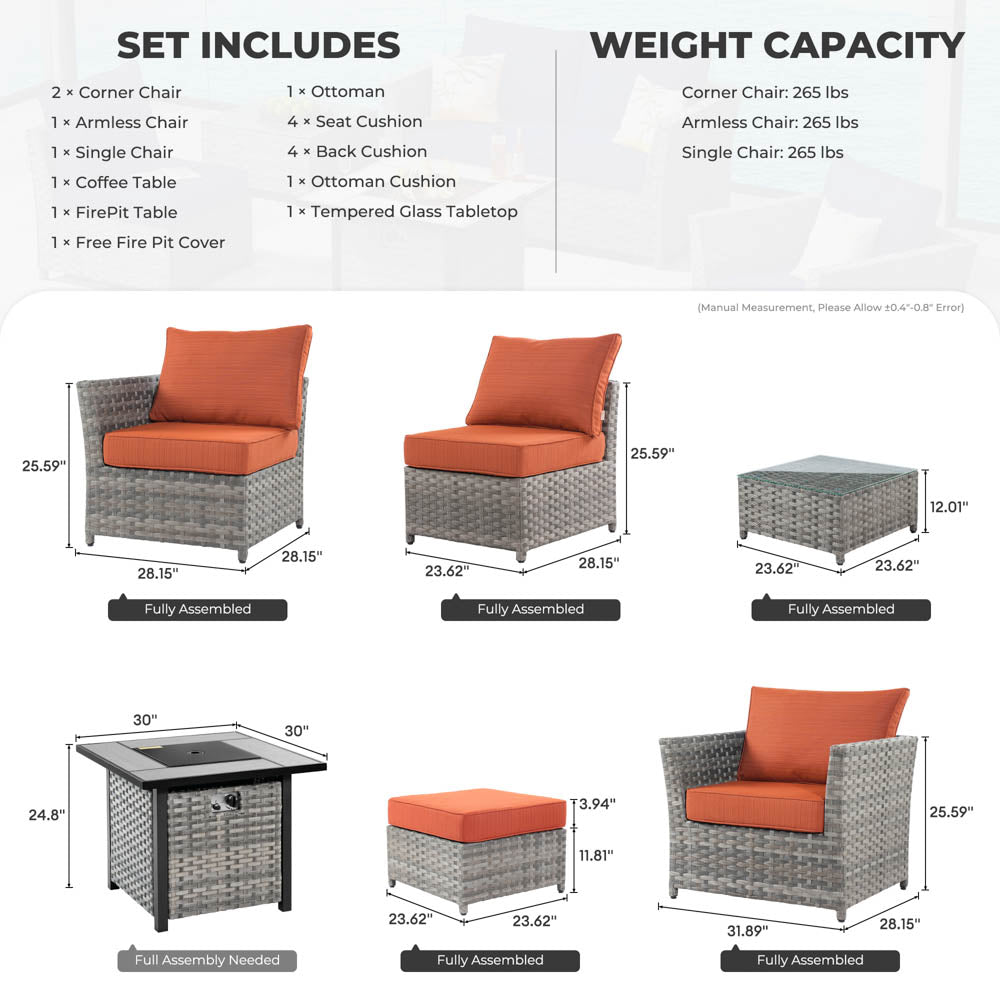 Ovios Patio Furniture Set New Rimaru 7-Piece Set include 30'' Square Fire Pit Table Partially Assembled