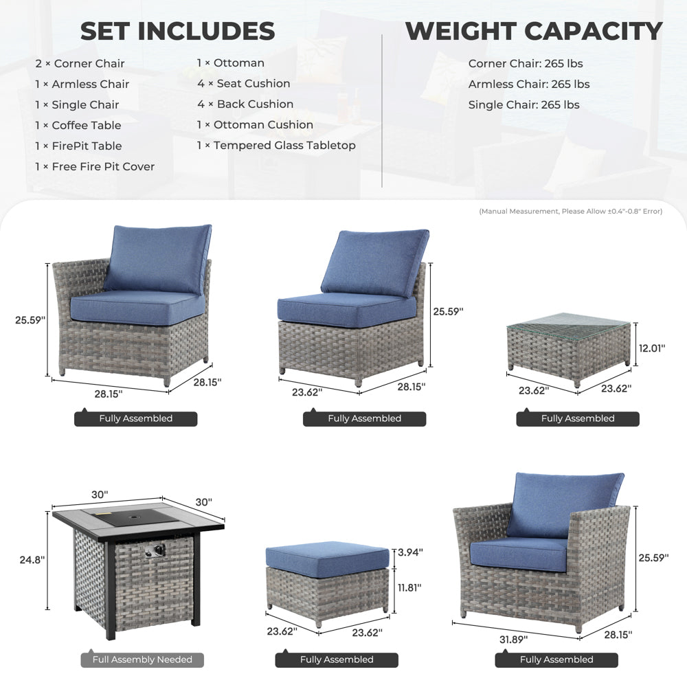 Ovios Patio Furniture Set New Rimaru 7-Piece Set include 30'' Square Fire Pit Table Partially Assembled