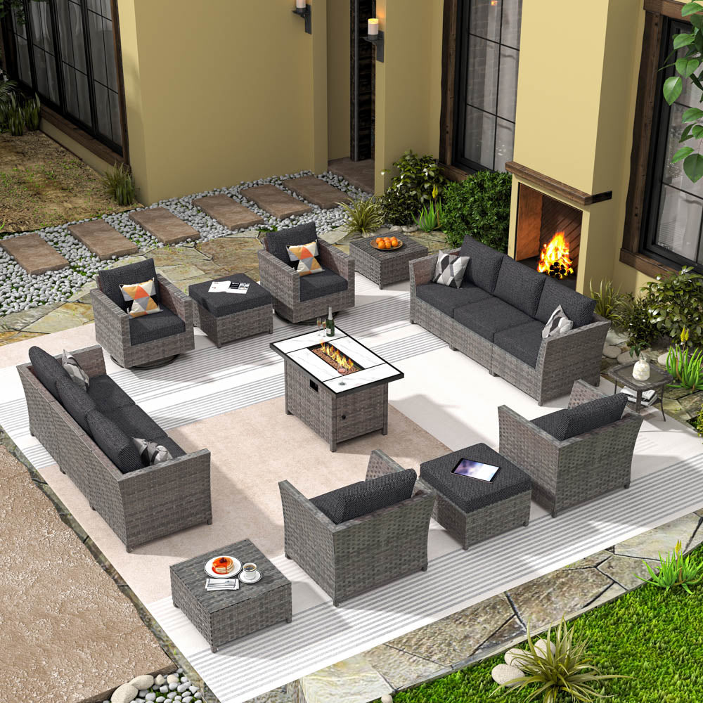 Ovios New Rimaru Series Patio Furniture Set 16-Piece include Swivel Chairs and 42"Rectangle Fire Pit Table Partially Assembled