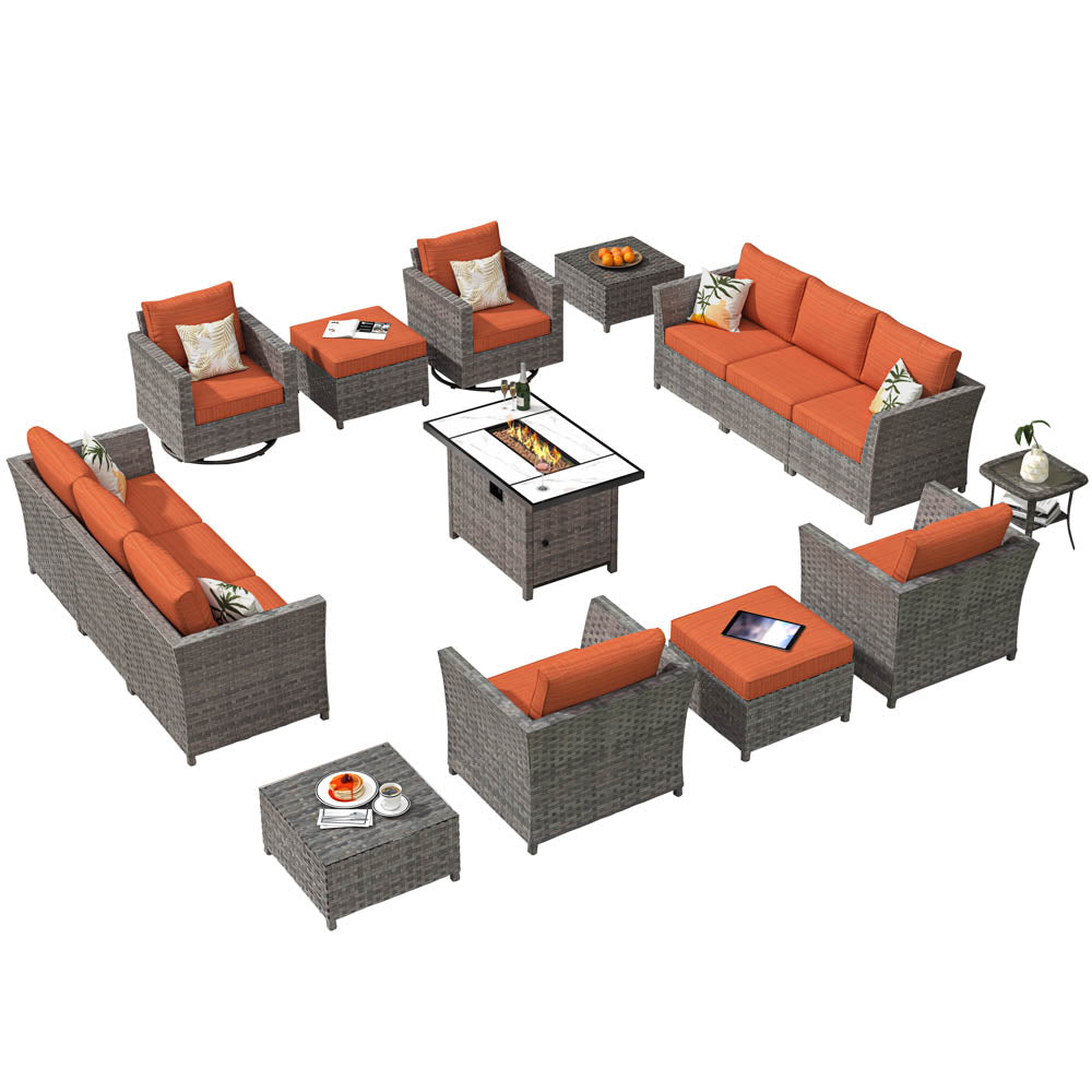 Ovios New Rimaru Series Patio Furniture Set 15-Piece include Swivel Chairs With 42"Rectangle Fire Pit Table Minimal Assembly