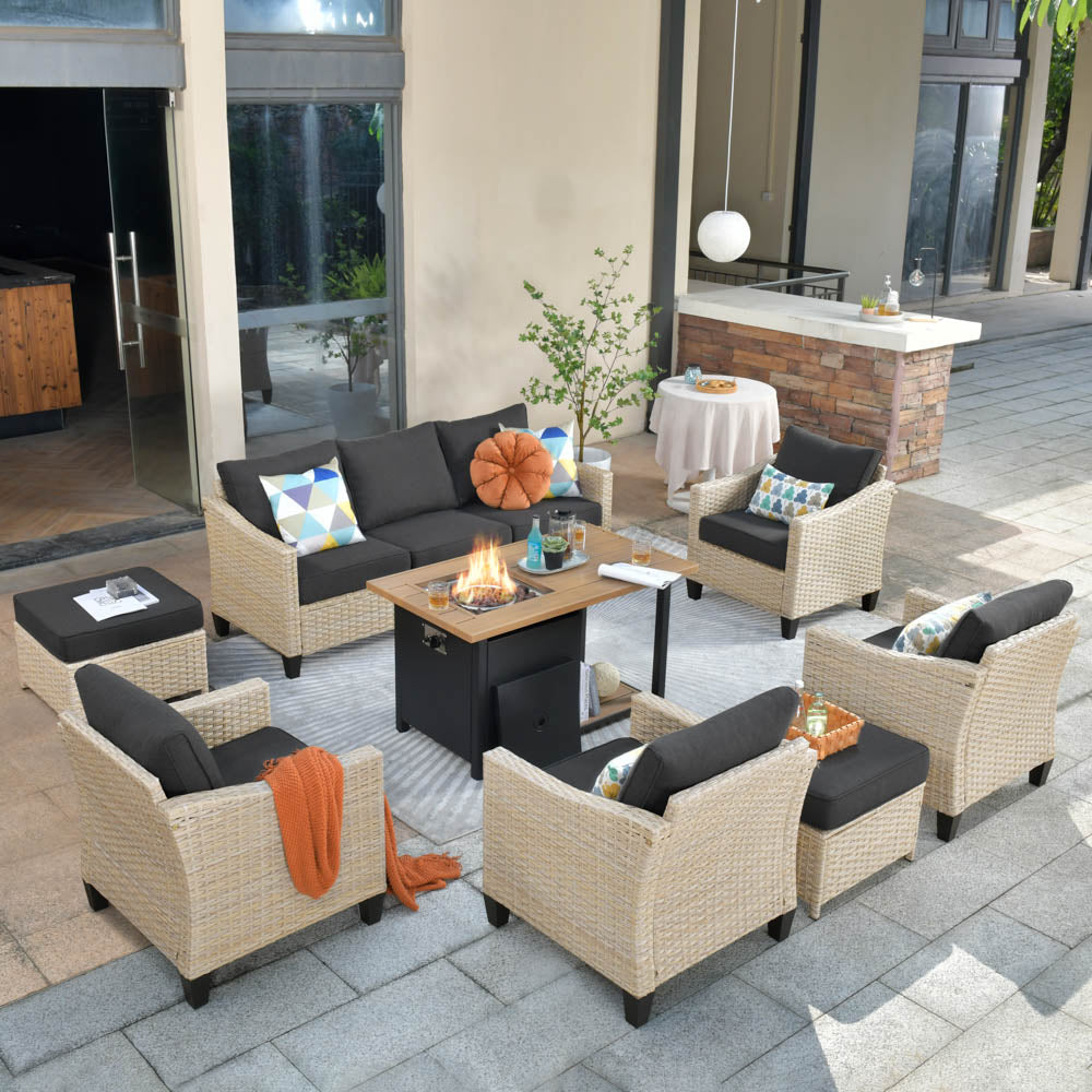 Ovios Athena Series Outdoor Patio Furniture Set 8-Piece with 46'' Double Layer Rectangle Fire Pit Table