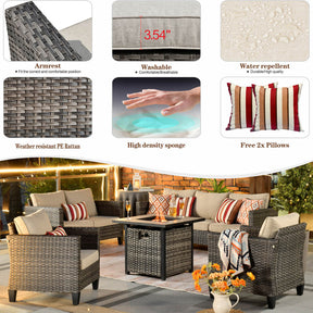 Ovios Patio Vultros Furniture Set 7-Person Seating with 30'' Propane Fire Pit Table