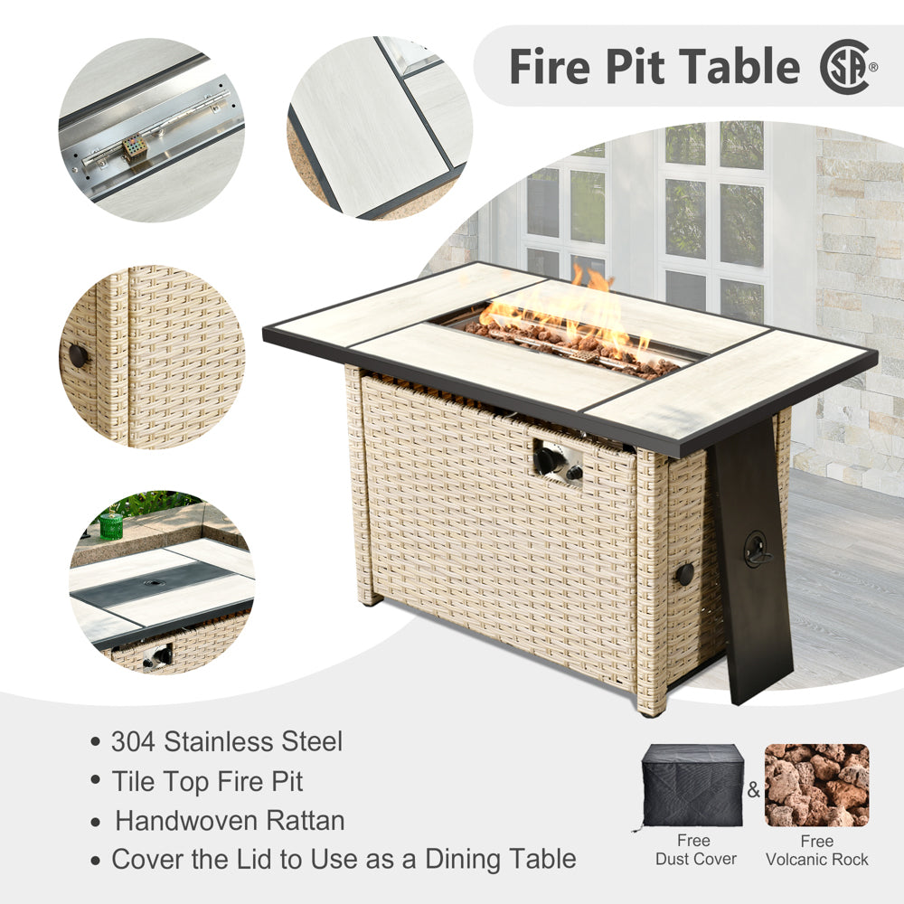 Ovios 42'' Rectangle Propane Fire Pit Table Grey Wicker for Athena Series(DAR)