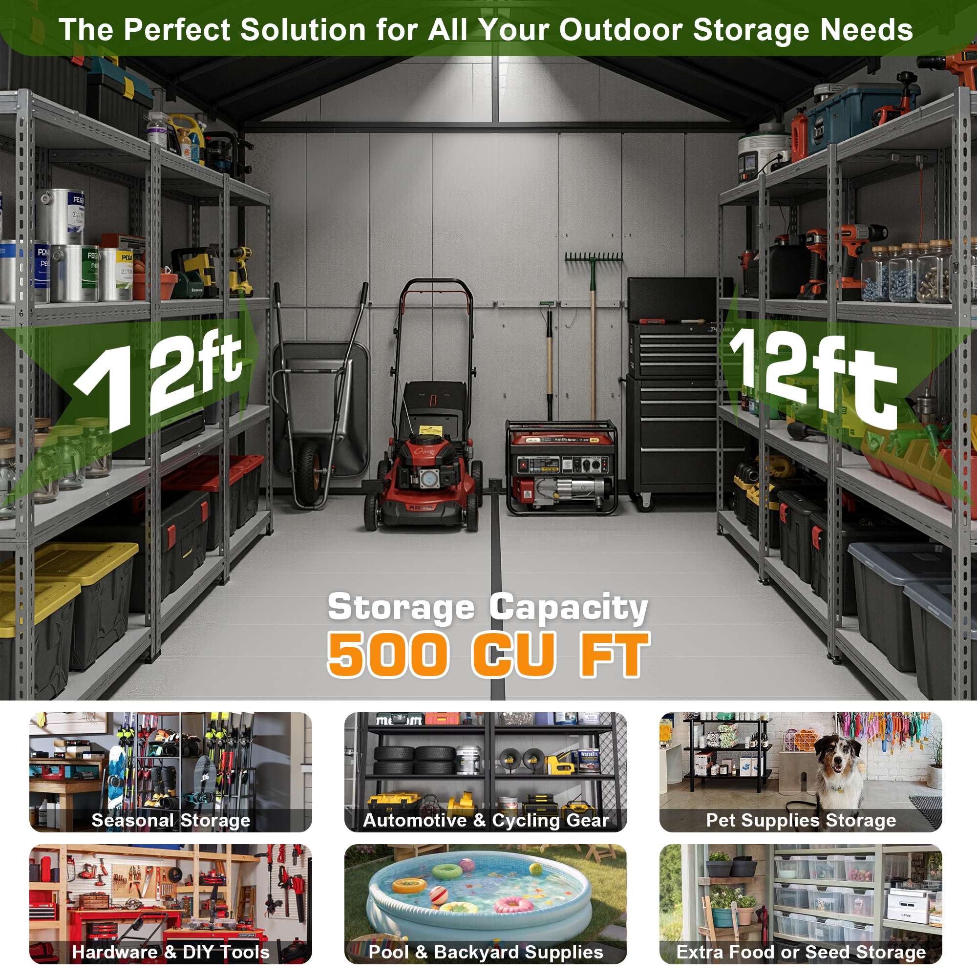 #Size_8*12 ft | OVIOS outdoor resin storage shed interior showcasing organized tools, lawnmower, bins & 500 cu ft capacity.