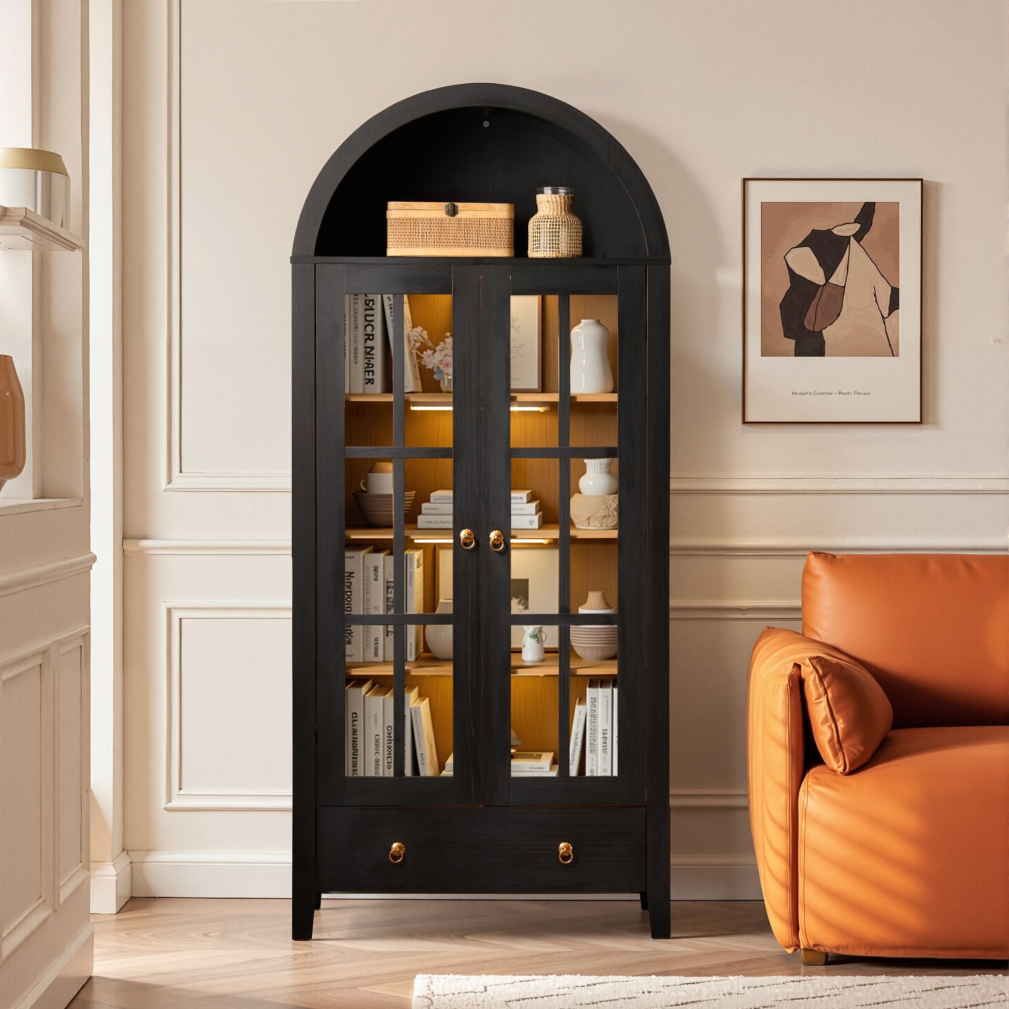 OVIOS Modern Glass Door Storage Cabinet with Adjustable Shelves and Drawer