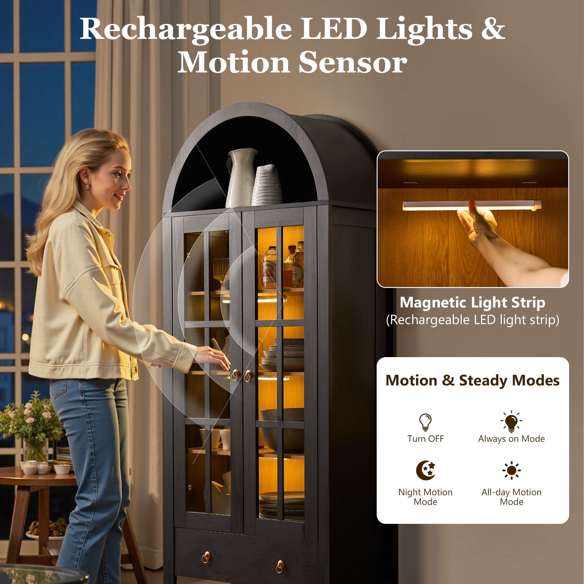 OVIOS Modern Glass Door Storage Cabinet with Adjustable Shelves and Drawer