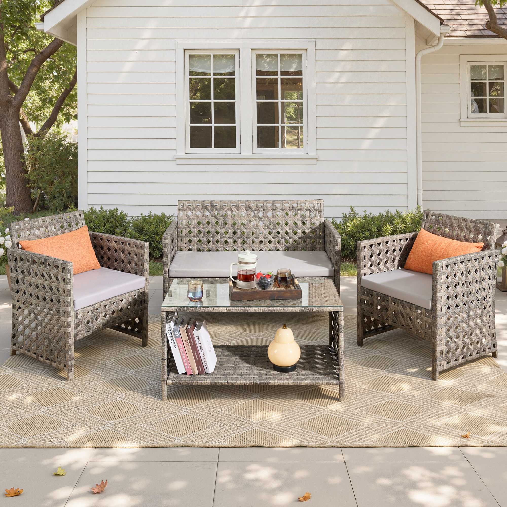 OVIOS 4-Piece Outdoor Patio Furniture Set with Handwoven Rattan & Glass Coffee Table