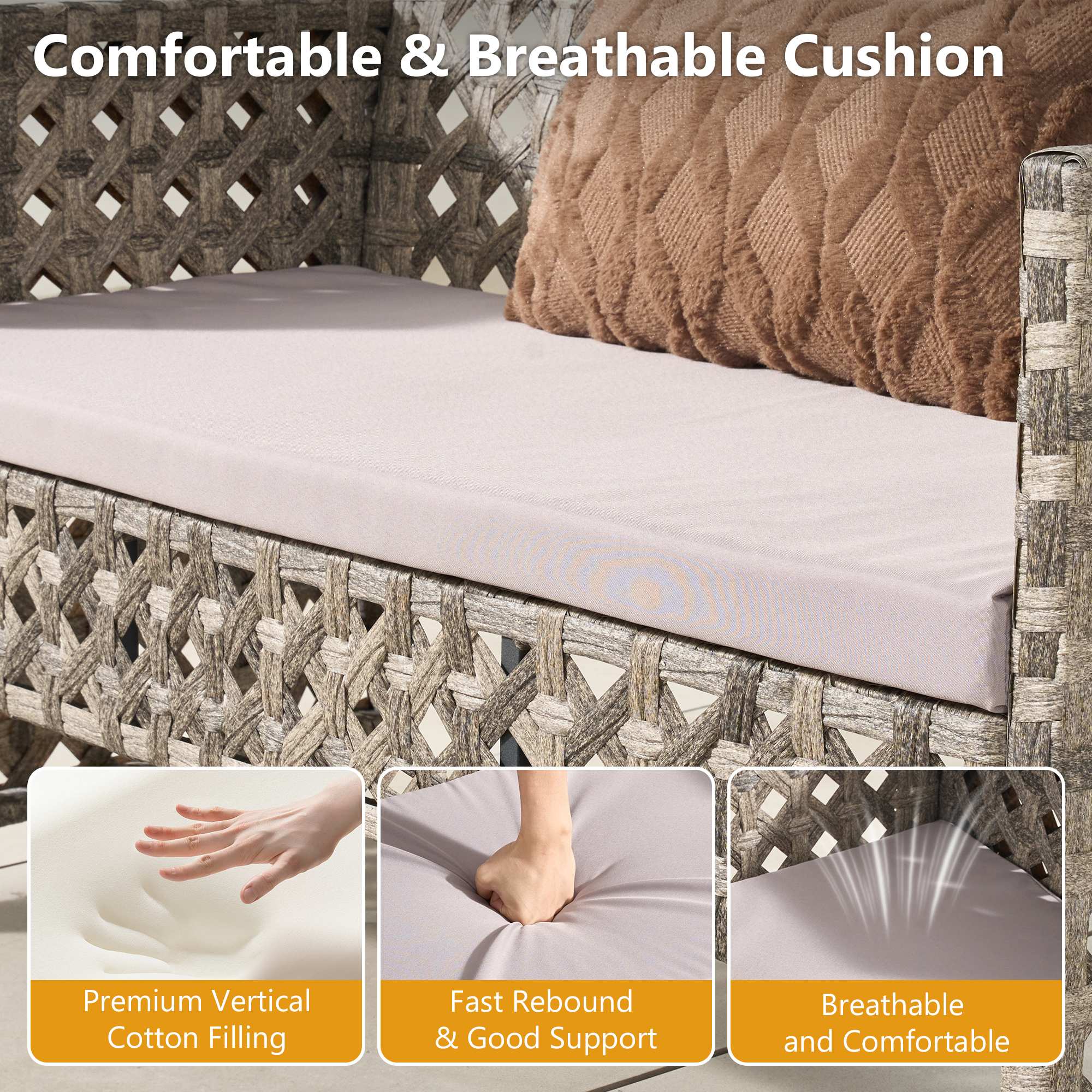 OVIOS outdoor furniture: close-up of handwoven rattan cushion, breathable & cotton filled.Beige