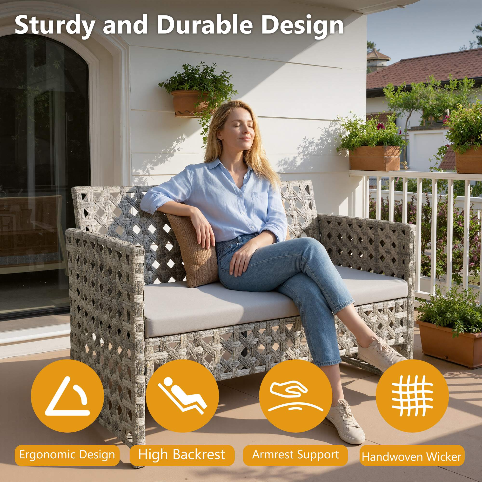 Grey | OVIOS durable 4pc outdoor patio set: handwoven wicker bench, ergonomic, high backrest.