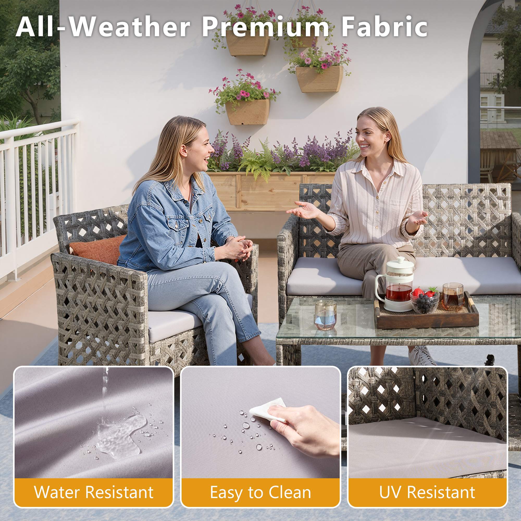 Grey | OVIOS 4-Piece handwoven rattan patio set with all-weather, water-resistant cushions.