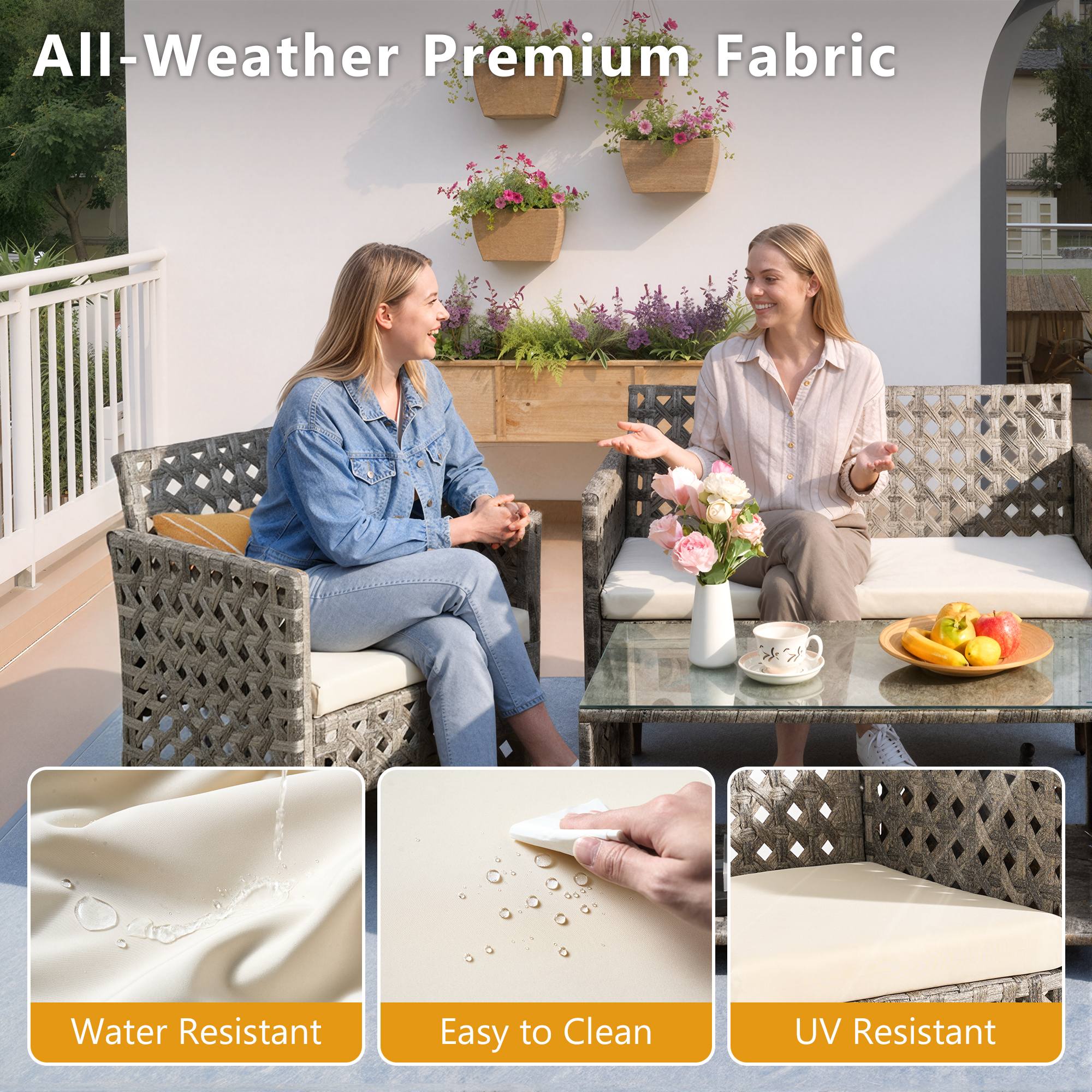Beige | OVIOS 4pc all-weather handwoven rattan patio set with water-resistant cushions.