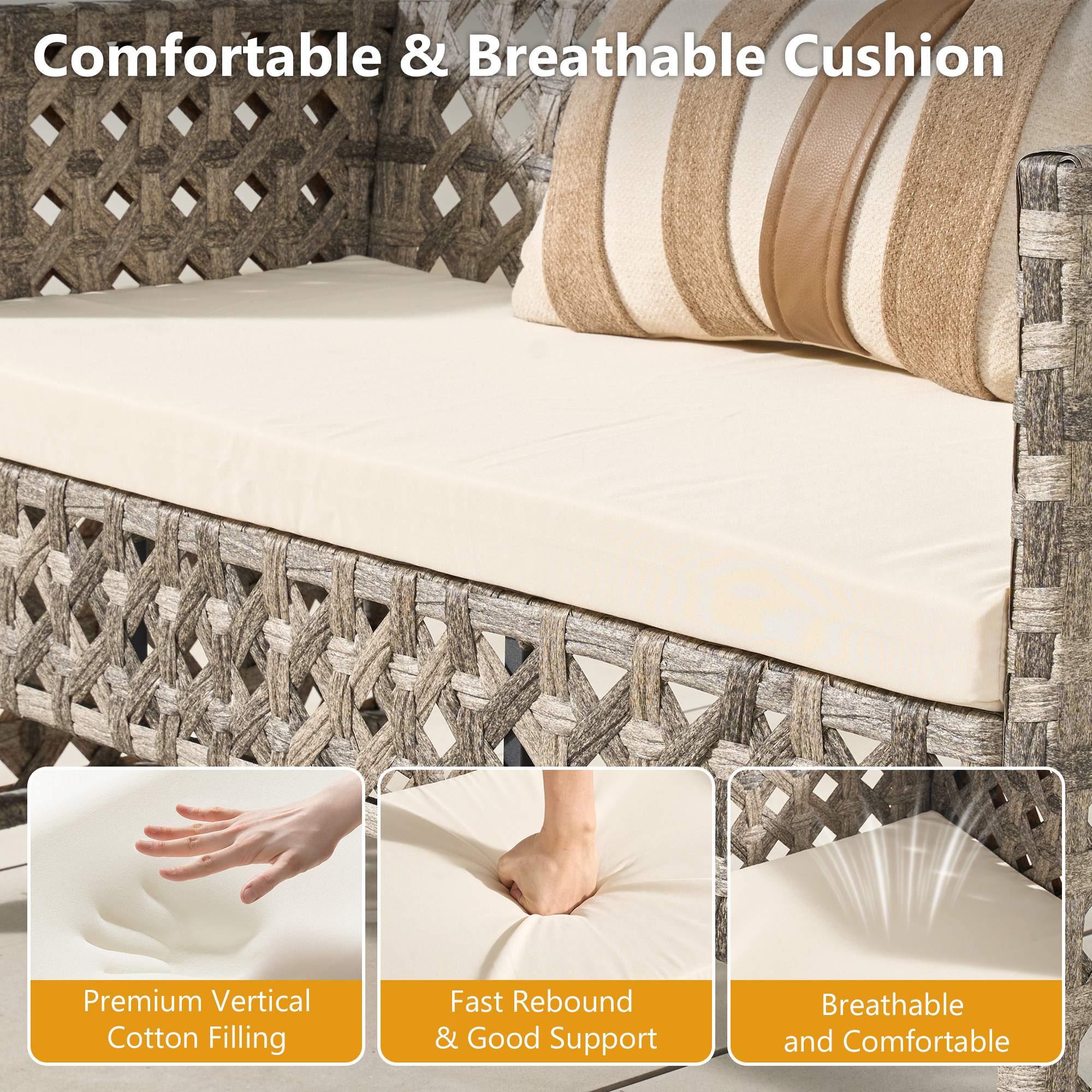 OVIOS patio furniture cushion features: handwoven rattan, premium cotton filling, breathable comfort.Beige