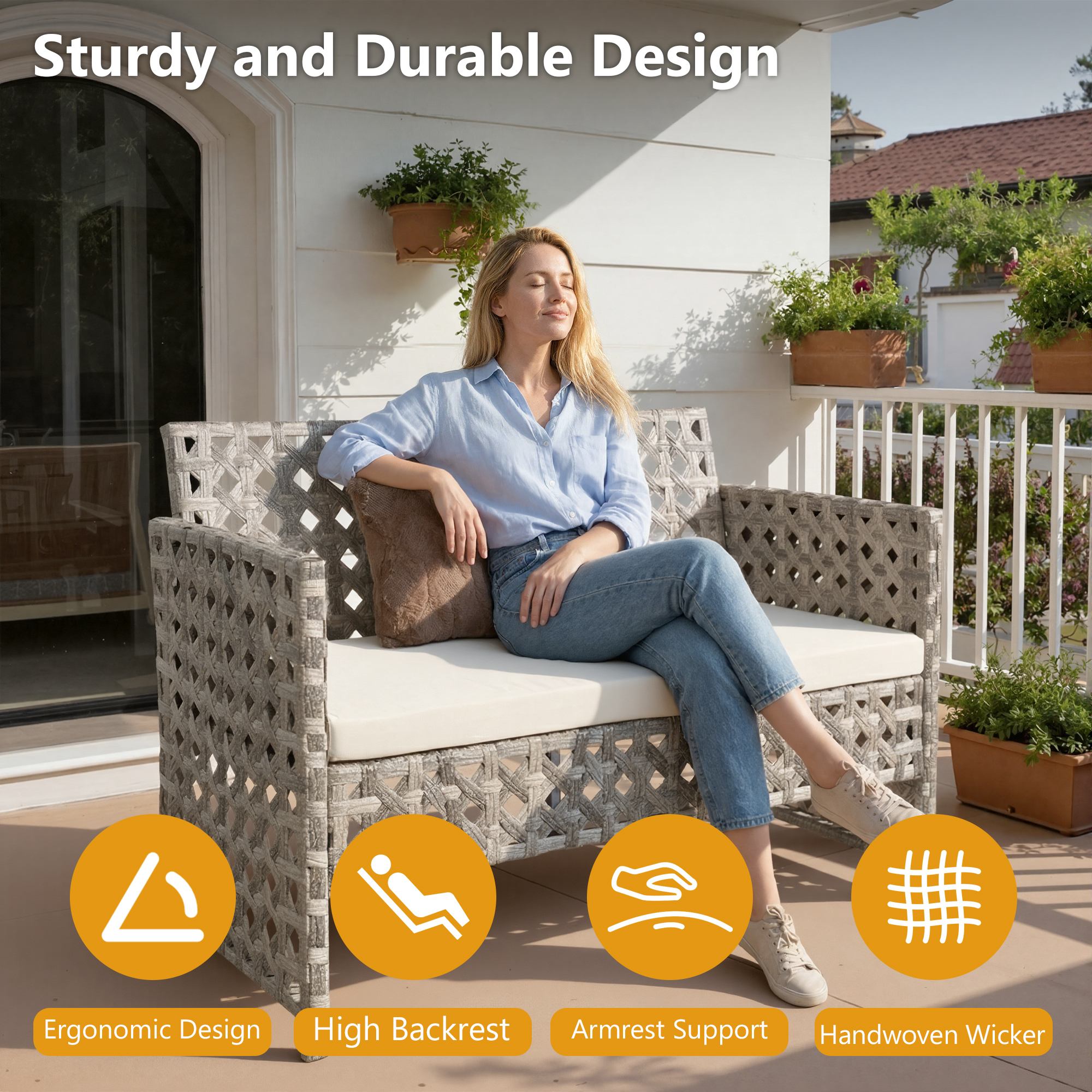 OVIOS handwoven wicker outdoor bench with ergonomic design, high backrest & armrest support.Beige