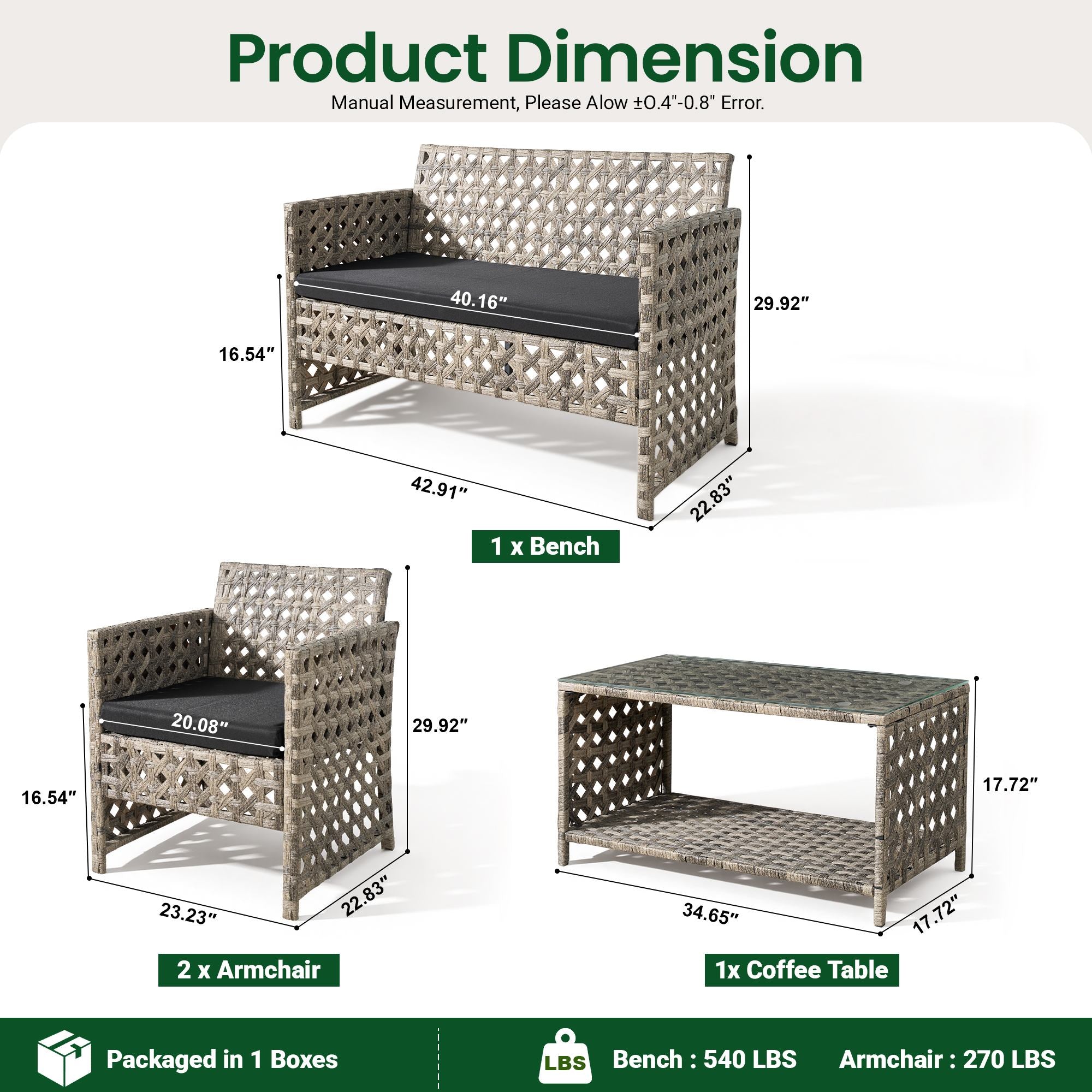 Dimensions of OVIOS 4-piece handwoven rattan outdoor patio set: bench, armchairs, table.Black