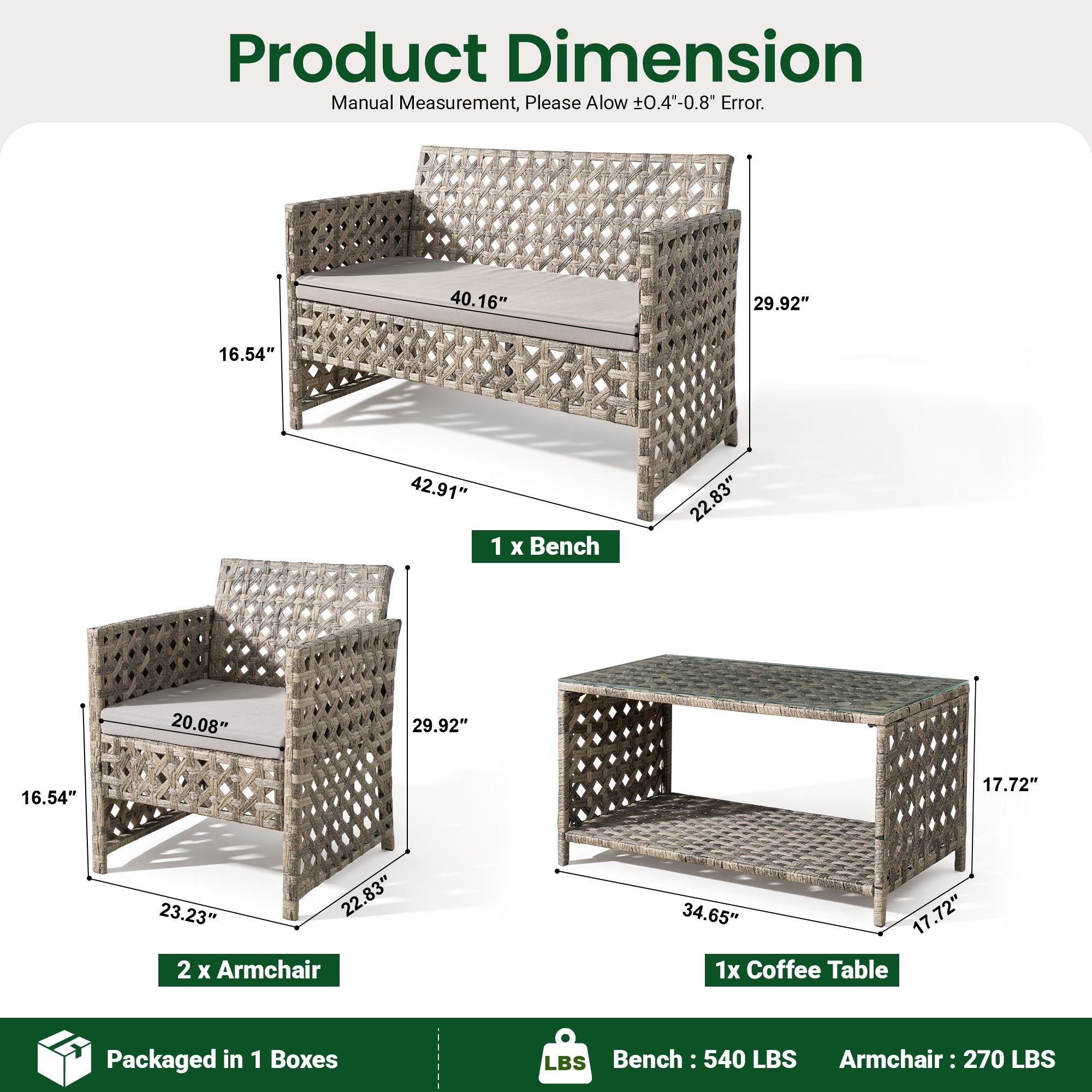 OVIOS handwoven rattan patio set dimensions: bench, 2 armchairs, glass coffee table.Grey