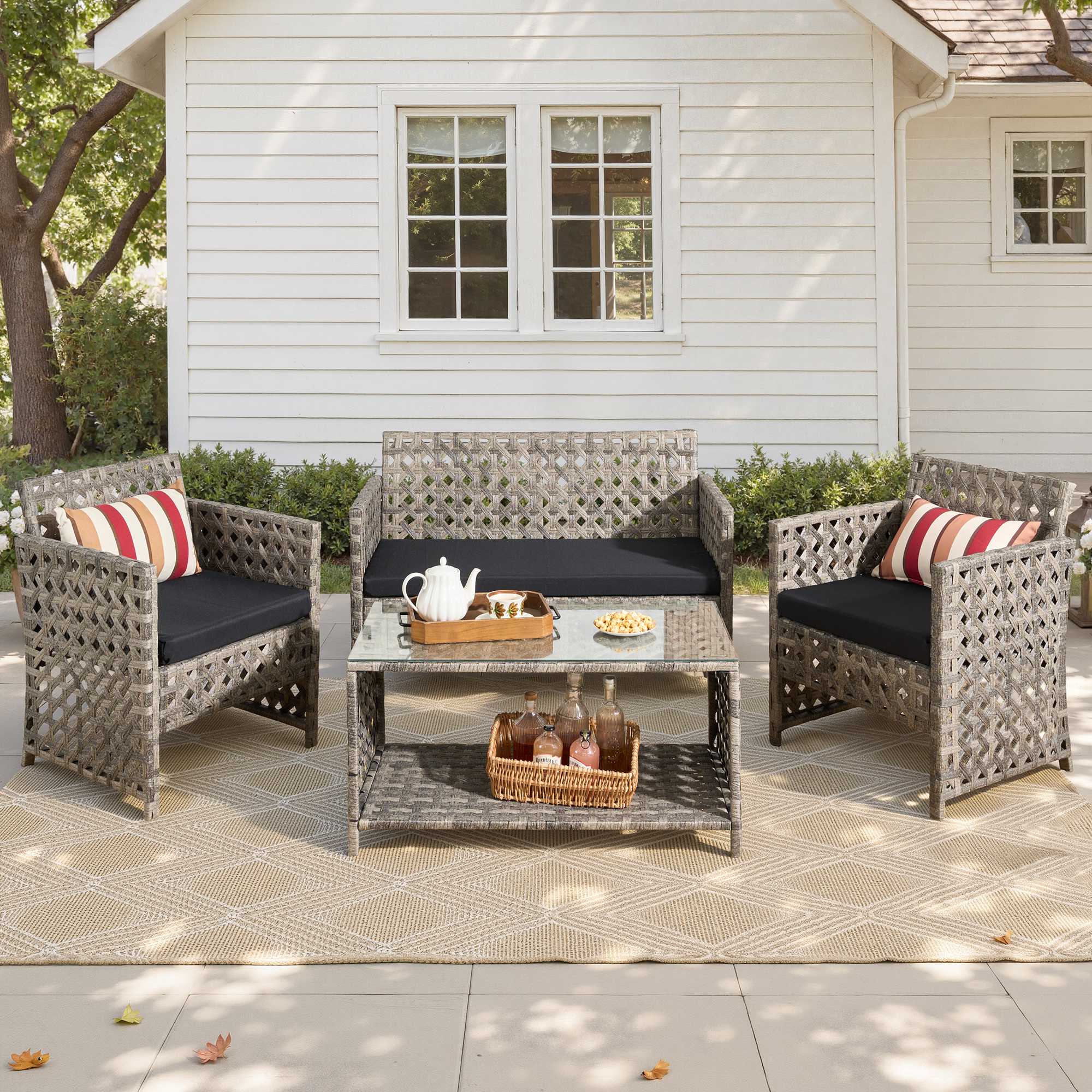 OVIOS 4-Piece Outdoor Patio Furniture Set with Handwoven Rattan & Glass Coffee Table