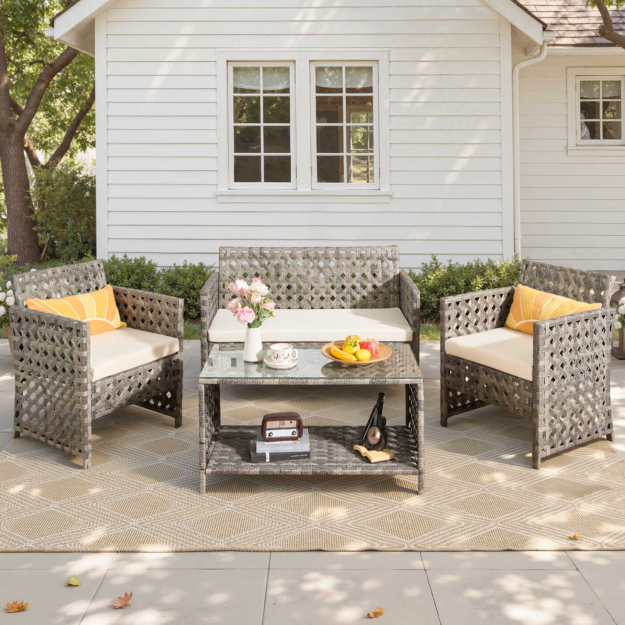 OVIOS 4-Piece Outdoor Patio Furniture Set with Handwoven Rattan & Glass Coffee Table