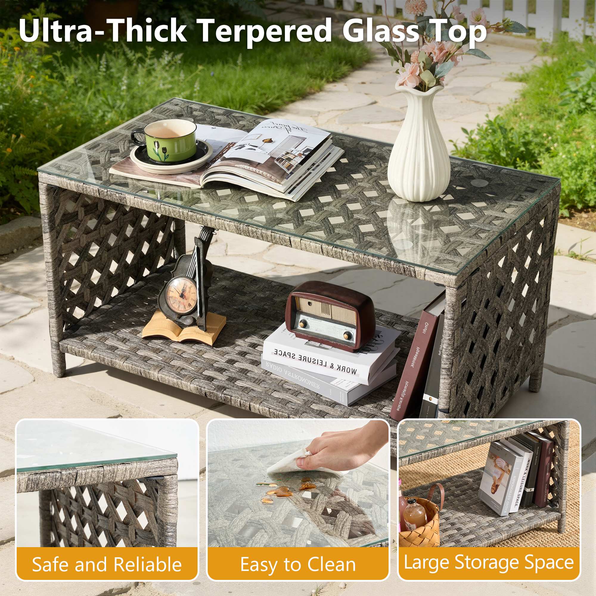 OVIOS 4-Piece Outdoor Patio Furniture Set with Handwoven Rattan & Glass Coffee Table