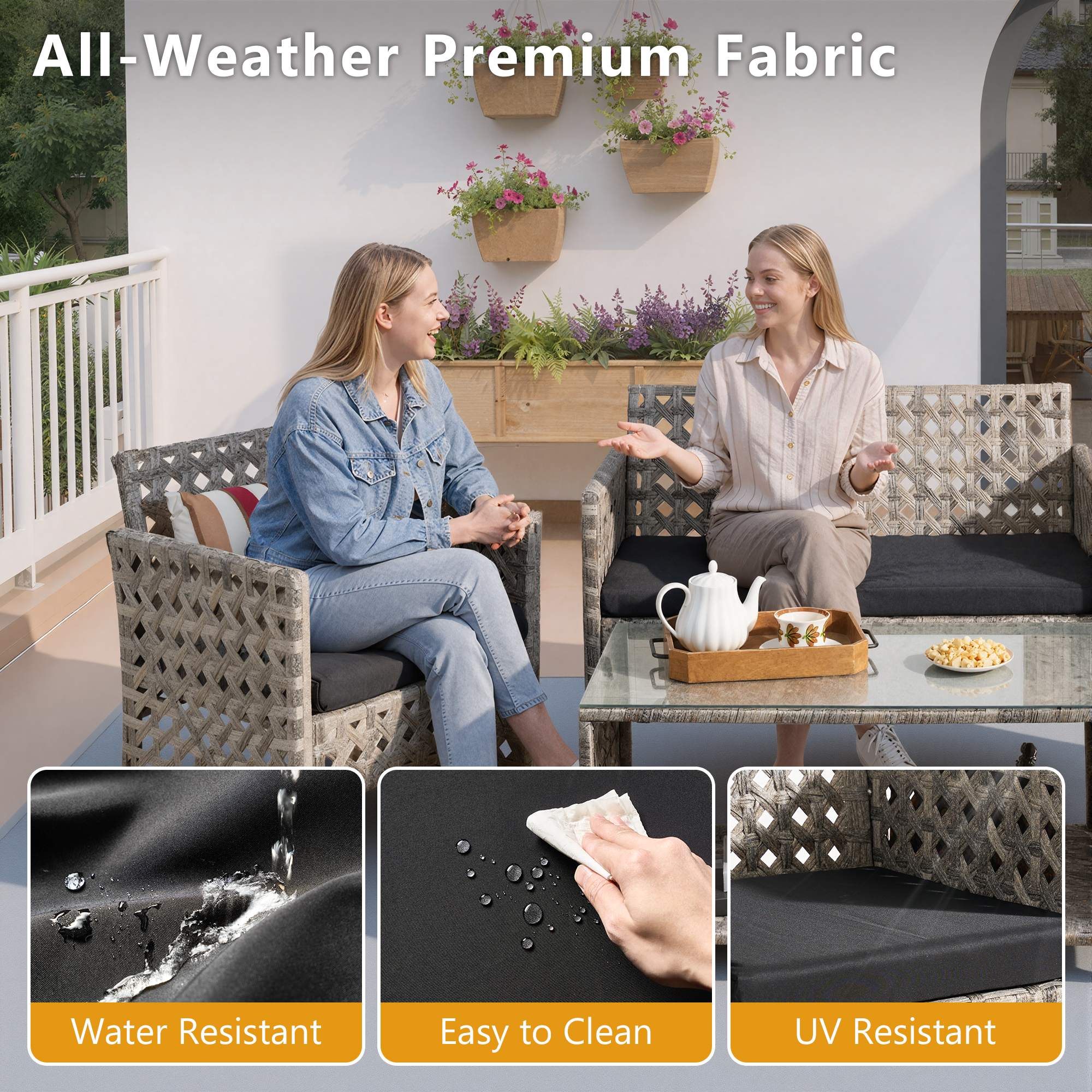 OVIOS 4-Piece Outdoor Patio Furniture Set with Handwoven Rattan & Glass Coffee Table