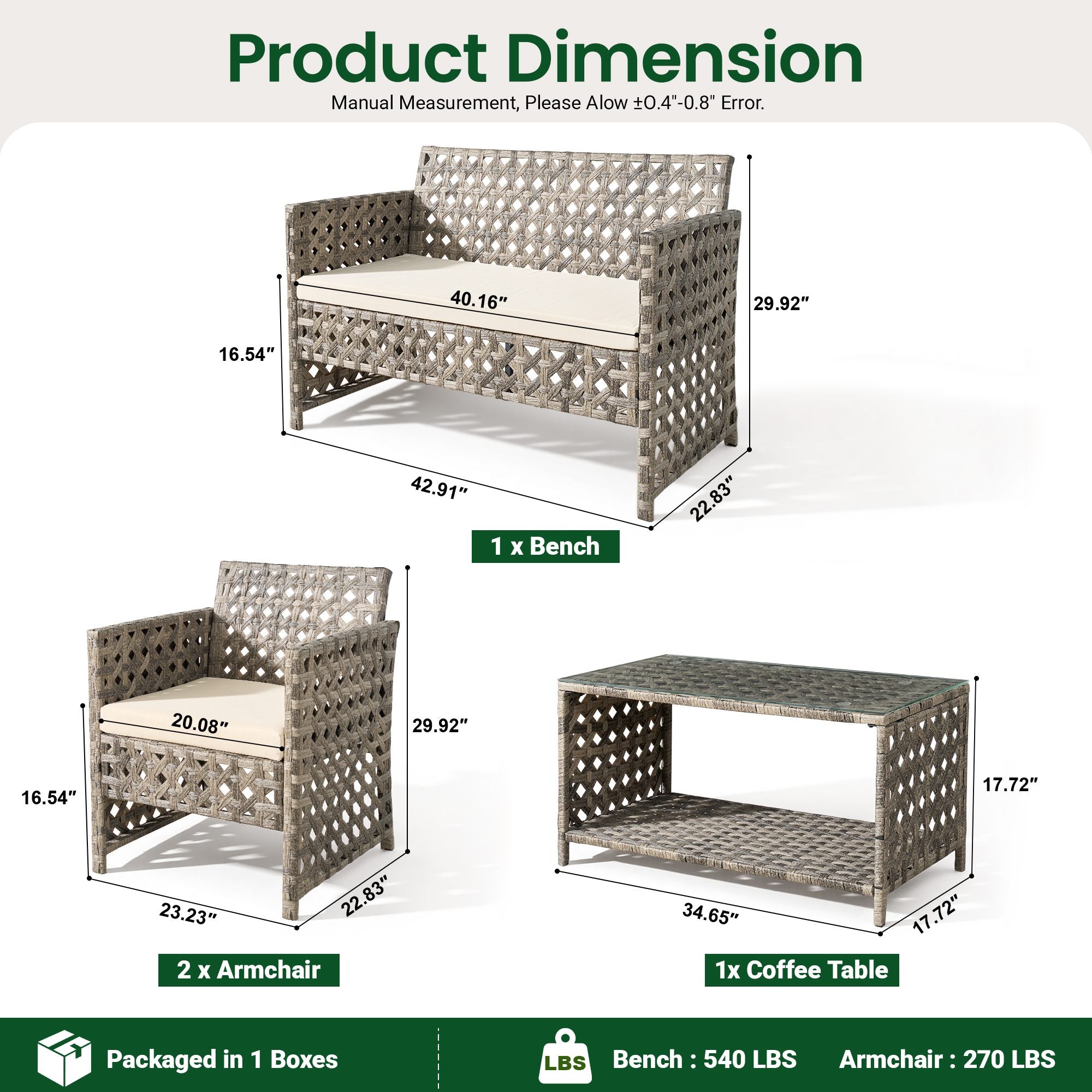 OVIOS 4-piece rattan outdoor furniture set dimensions: bench, 2 armchairs, coffee table.Beige
