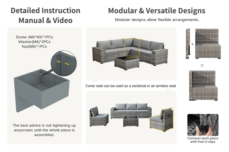 OVIOS outdoor sectional sofa assembly and modular design with U-clip connectors.