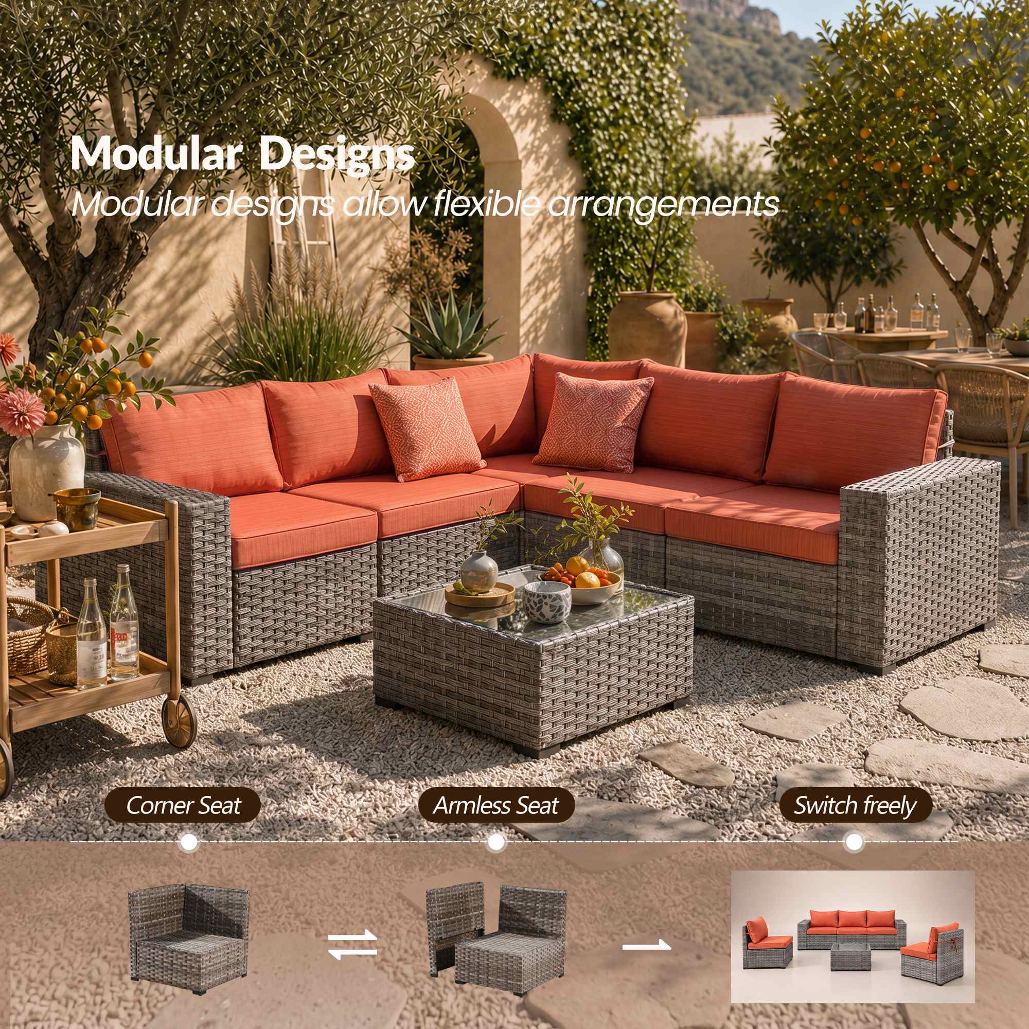 OVIOS 6 Pieces Outdoor Sectional Sofa with 7.68'' Broad Handrails