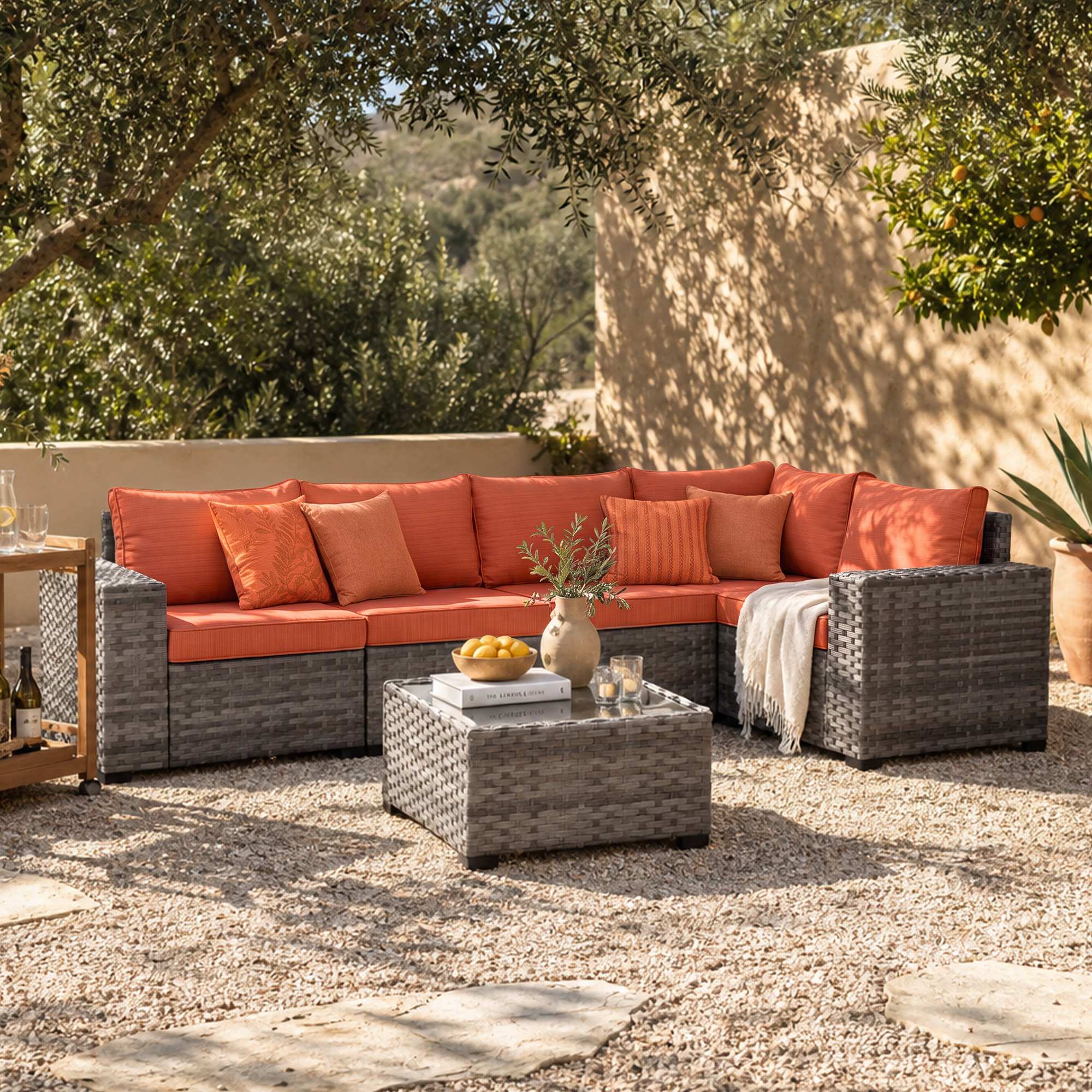 OVIOS 6 Pieces Outdoor Sectional Sofa with 7.68'' Broad Handrails