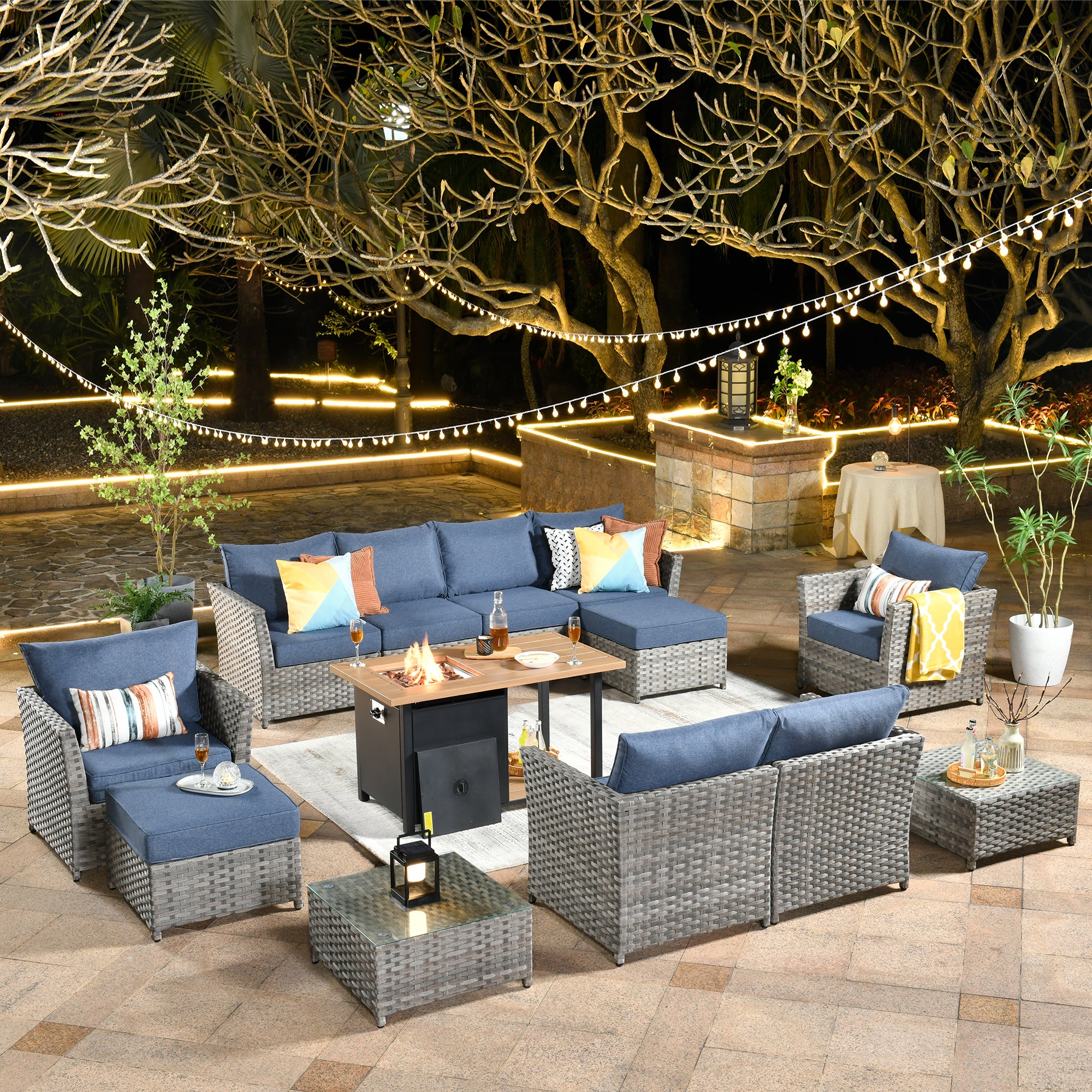 Ovios Patio Furniture Set 13-Piece include 42"Rectangle Fire Pit Table, Partially Assembled,BRS Series