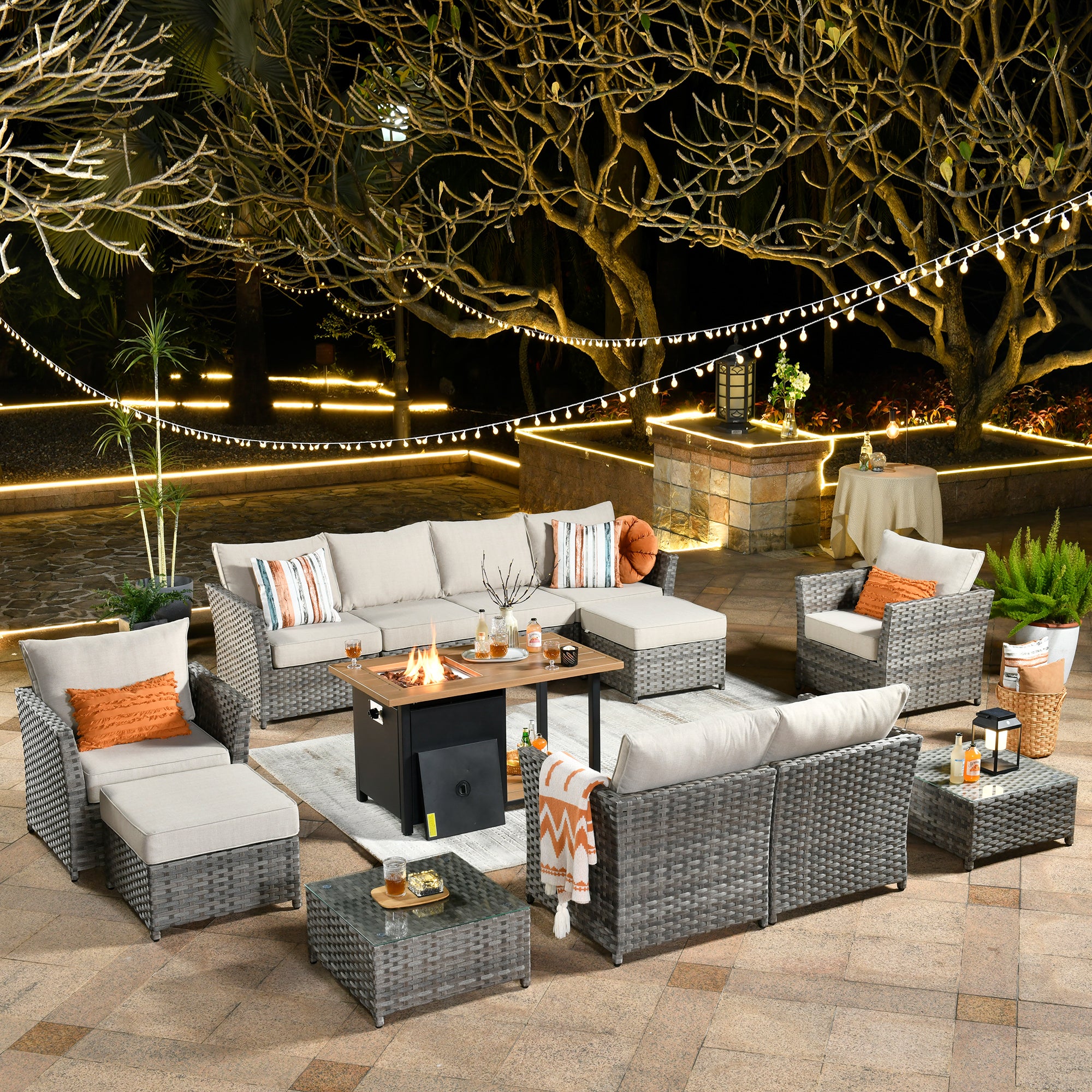 Ovios Patio Furniture Set 13-Piece include 42"Rectangle Fire Pit Table, Partially Assembled,BRS Series