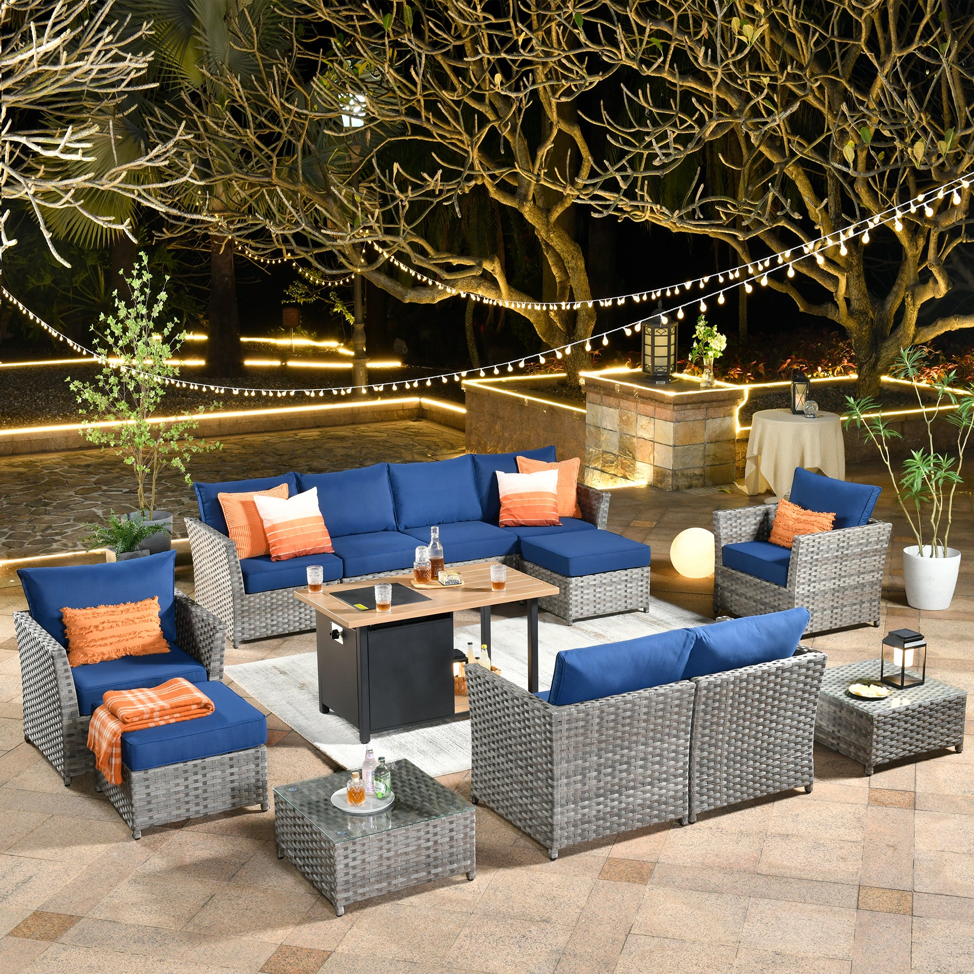 Ovios Patio Furniture Set 13-Piece include 42"Rectangle Fire Pit Table, Partially Assembled,BRS Series