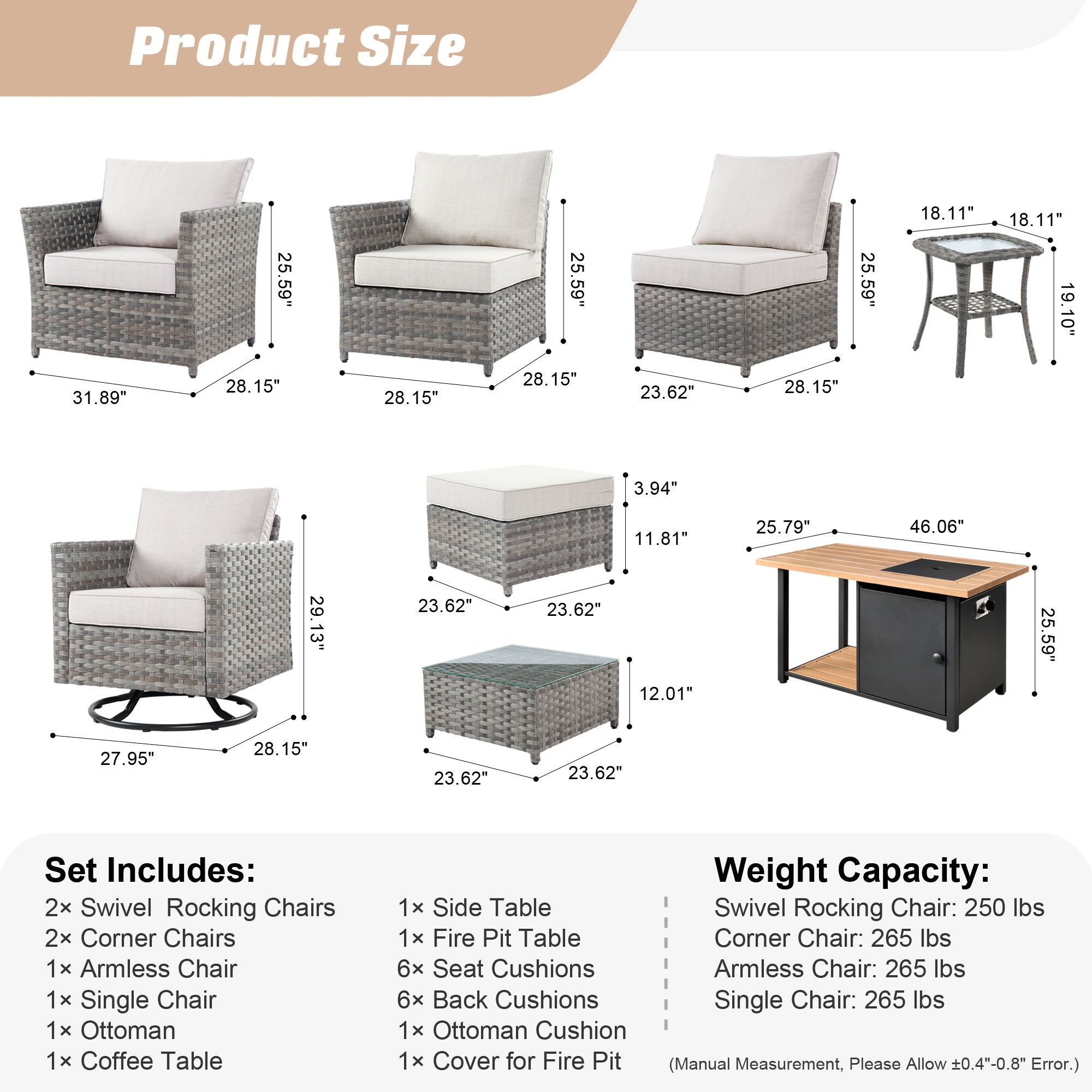 Ovios Patio Furniture Set 8-Piece include 42"Rectangle Fire Pit Table&Swivel Chairs, Partially Assembled,BRS Series