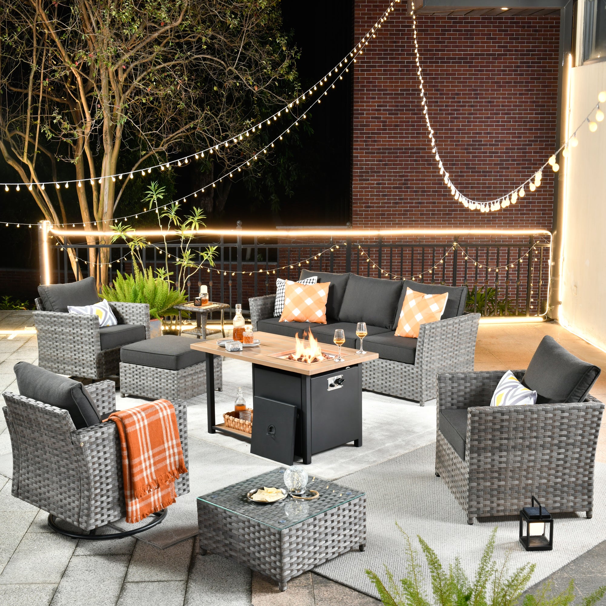 Ovios Patio Furniture Set 8-Piece include 42"Rectangle Fire Pit Table&Swivel Chairs, Partially Assembled,BRS Series