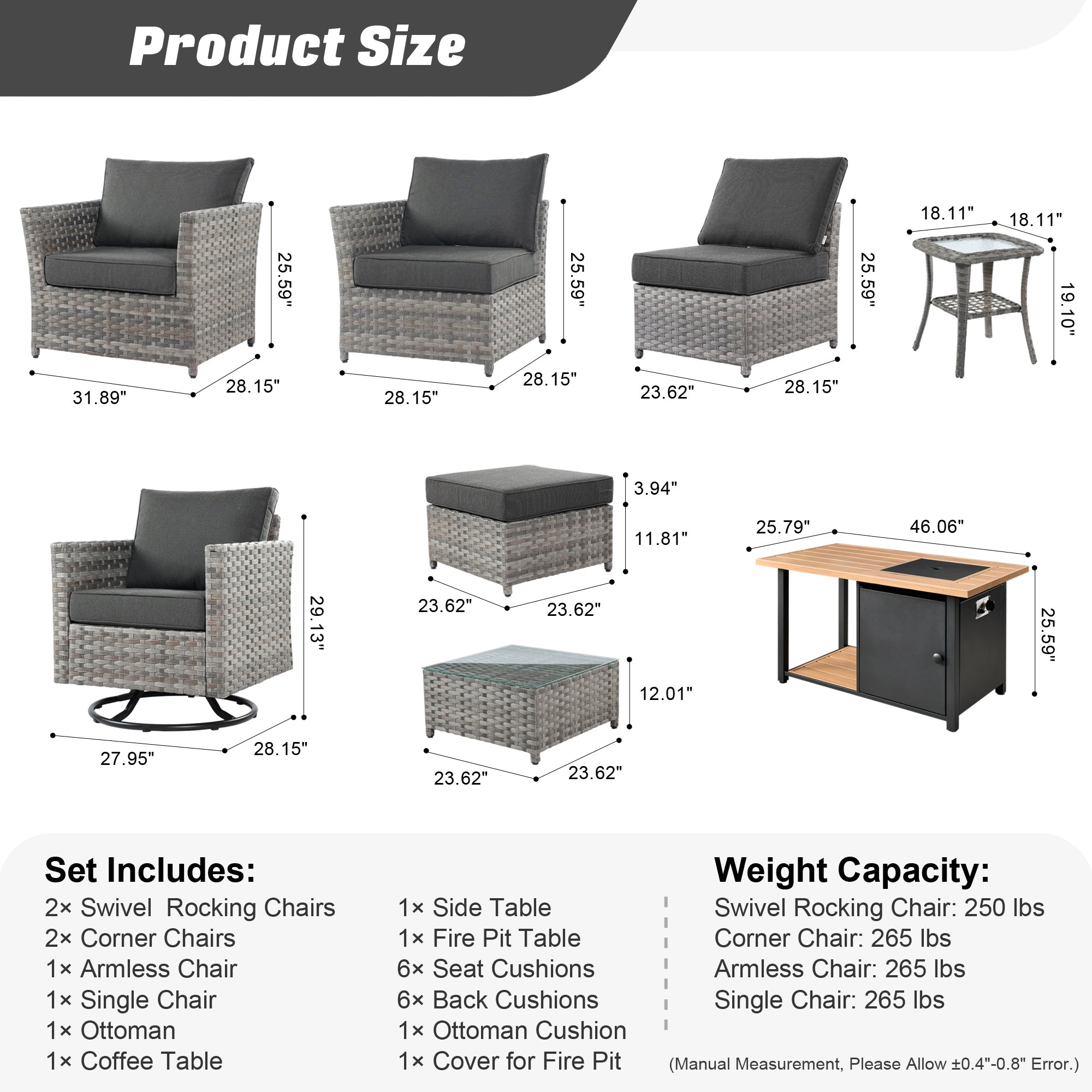 Ovios Patio Furniture Set 8-Piece include 42"Rectangle Fire Pit Table&Swivel Chairs, Partially Assembled,BRS Series