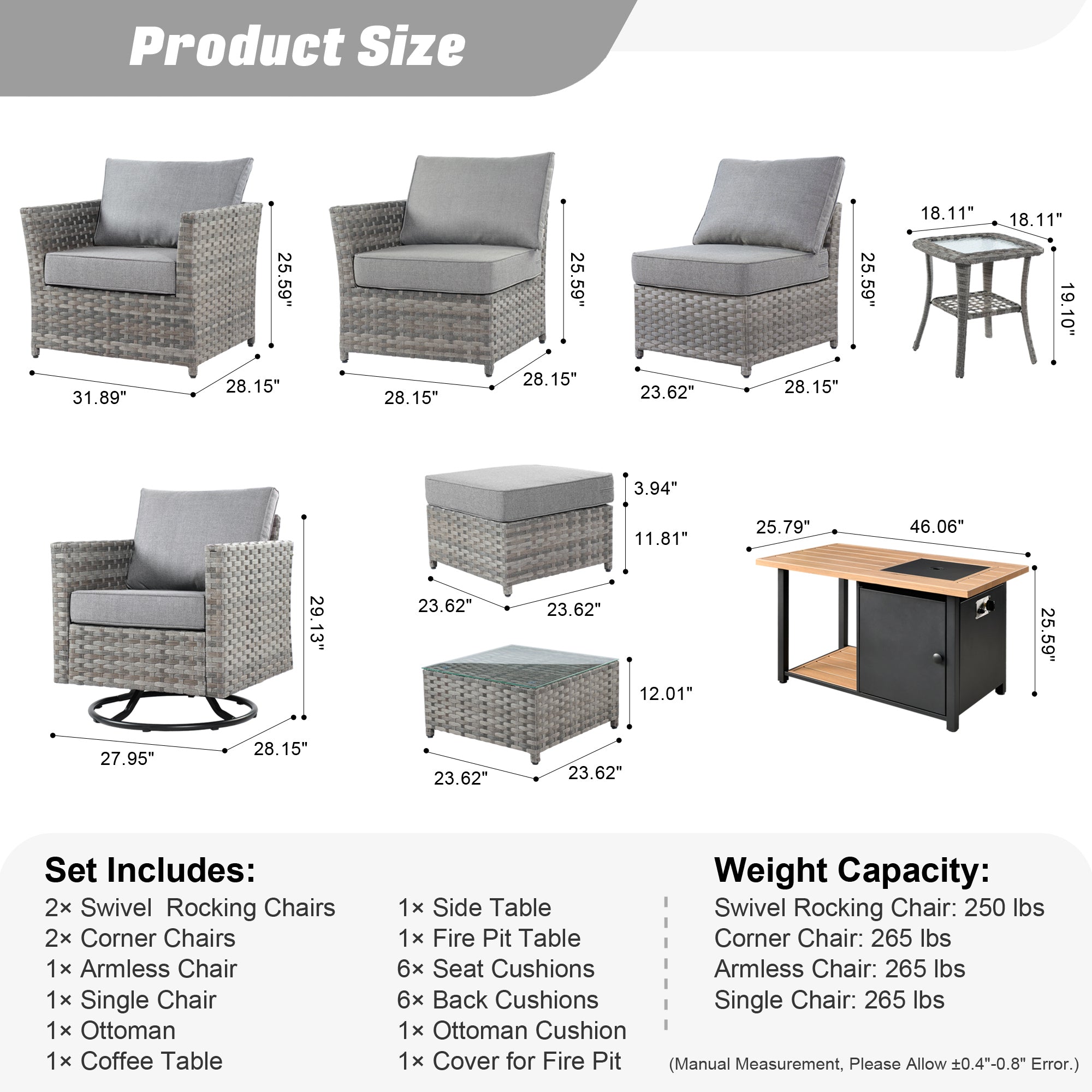 Ovios Patio Furniture Set 8-Piece include 42"Rectangle Fire Pit Table&Swivel Chairs, Partially Assembled,BRS Series